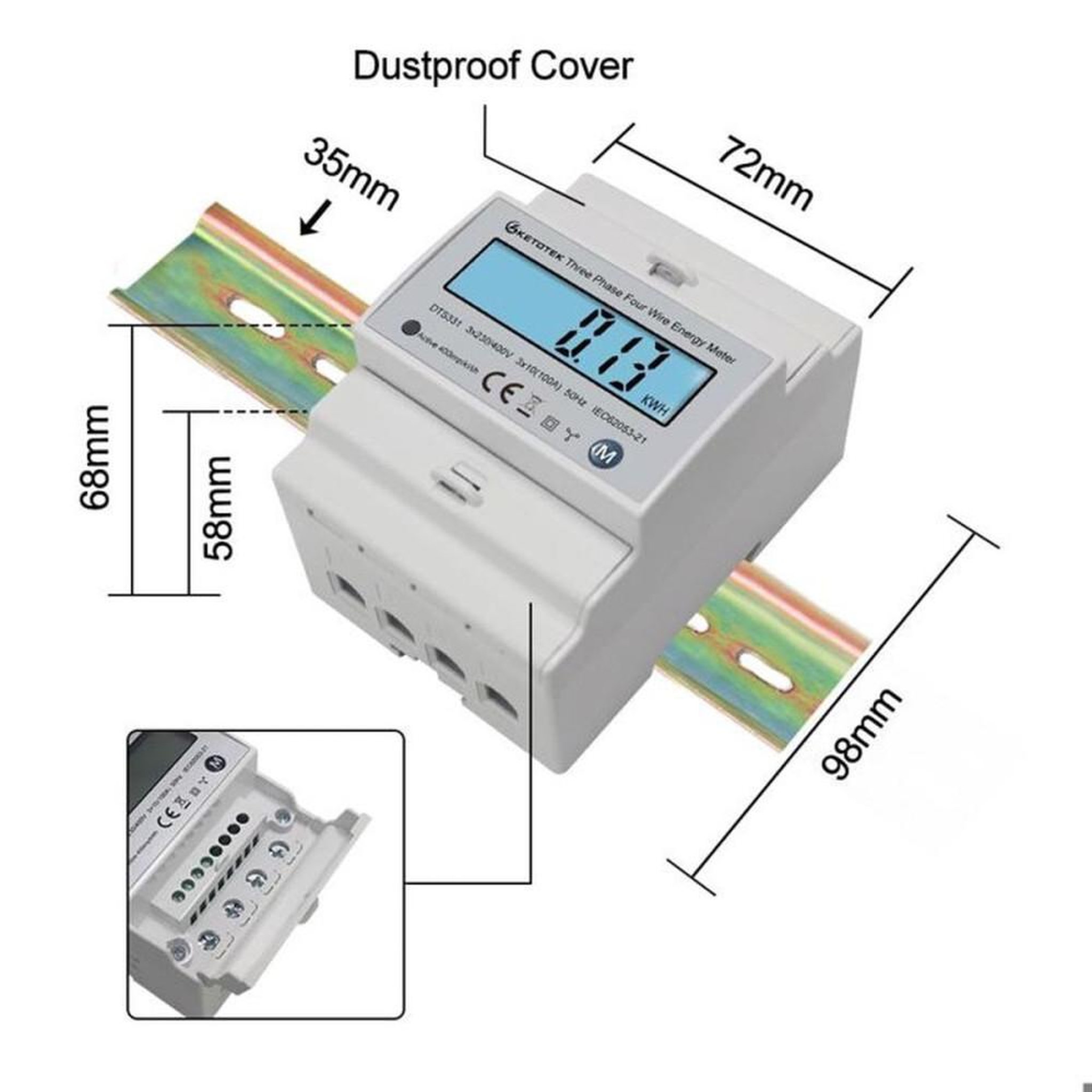 Voir la diapositive 6 : Compteur d'énergie triphasé CD bidirectionnel actif et réactif pour rail DIN Top Hat 3x100A, affichage multifonction et bouton M