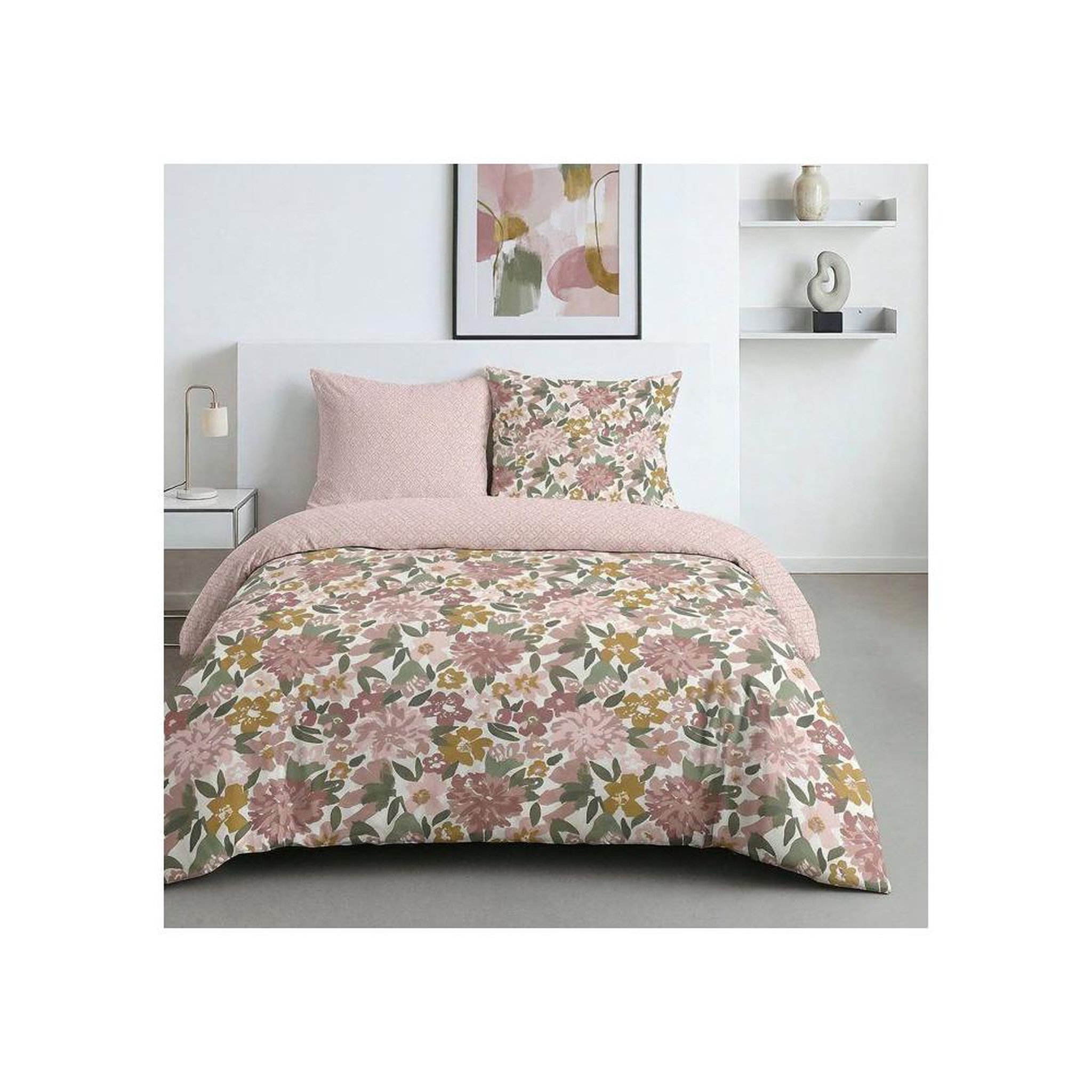 Today Parure de lit today sunshine rose poudré 3 pièces coton 260x240 cm + 2 taies 63x63 cm, imprimé floral champêtre réversible