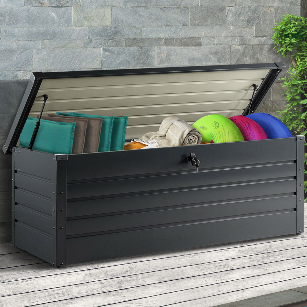 ID MARKET Coffre de rangement métal verrouillable gris anthracite pour jardin 600L 165x70x63 cm