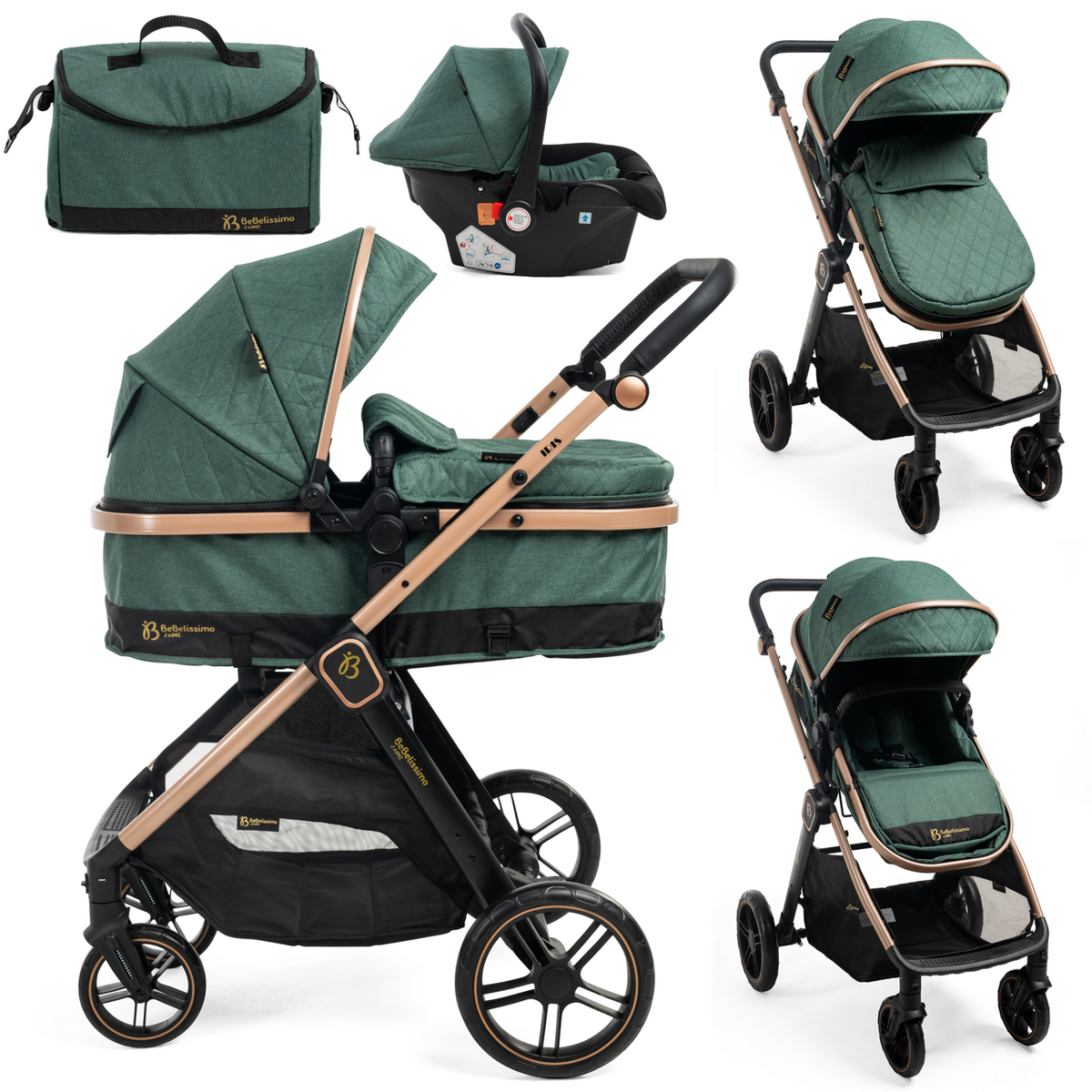 BEBELISSIMO BEBELISSIMO - Poussette combinée trio 3 en 1 - siège auto 0+ IRIS – nacelle – dès la naissance – jusqu'à 22kg  - vert