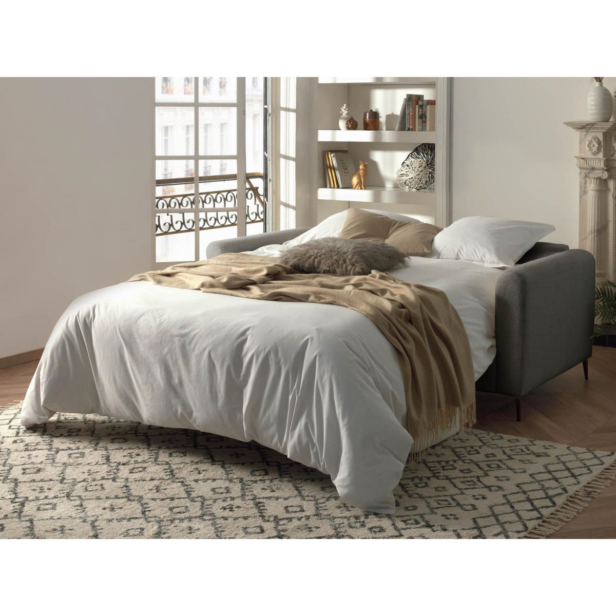 LISA DESIGN Owen - canapé 3 places convertible express couchage quotidien 140 cm matelas 12 cm en tissu bouclette