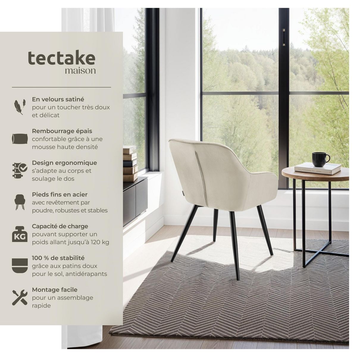 tectake Chaise de salle à manger rembourrée et en velours matelassé crème/noir Lot de 6