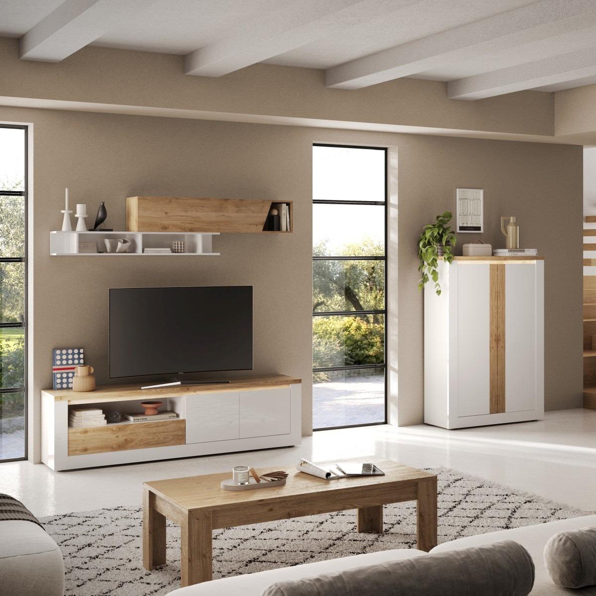 Voir la diapositive 6 : JLC KREATION Meuble tv moderne laqué blanc et bois + led 210cm aria