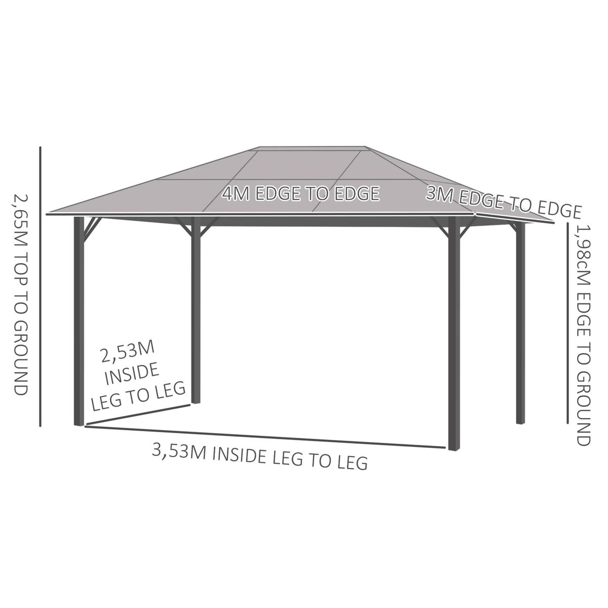 OUTSUNNY Pavillon de jardin tonnelle rigide dim. 4L x 3l x 2,65H m 4 parois latérales anti-UV gris 4 moustiquaires zippées alu. métal polycarbonate noir brun