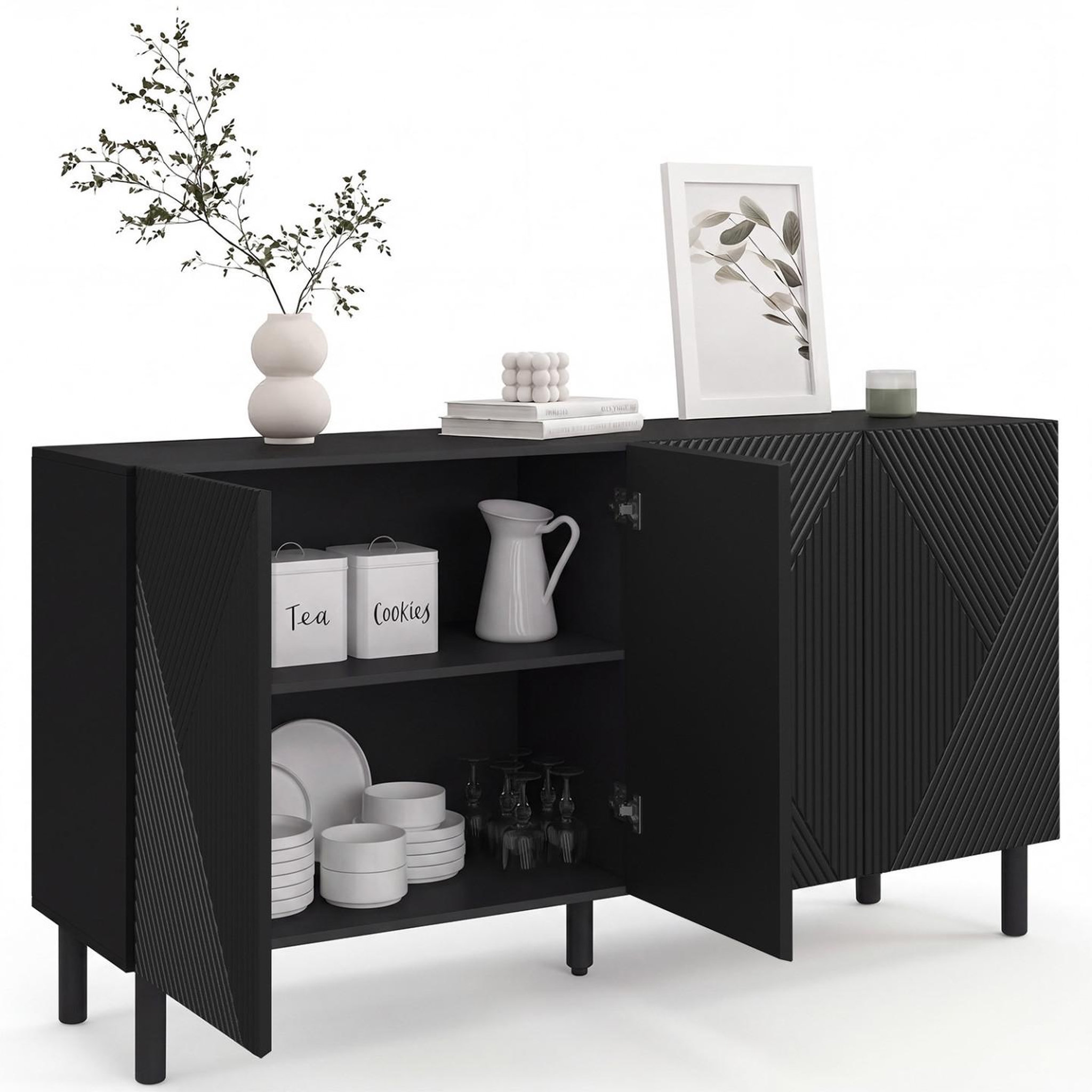 Voir la diapositive 4 : ID MARKET Buffet 160 cm himara 4 portes lattes géométriques bois noir