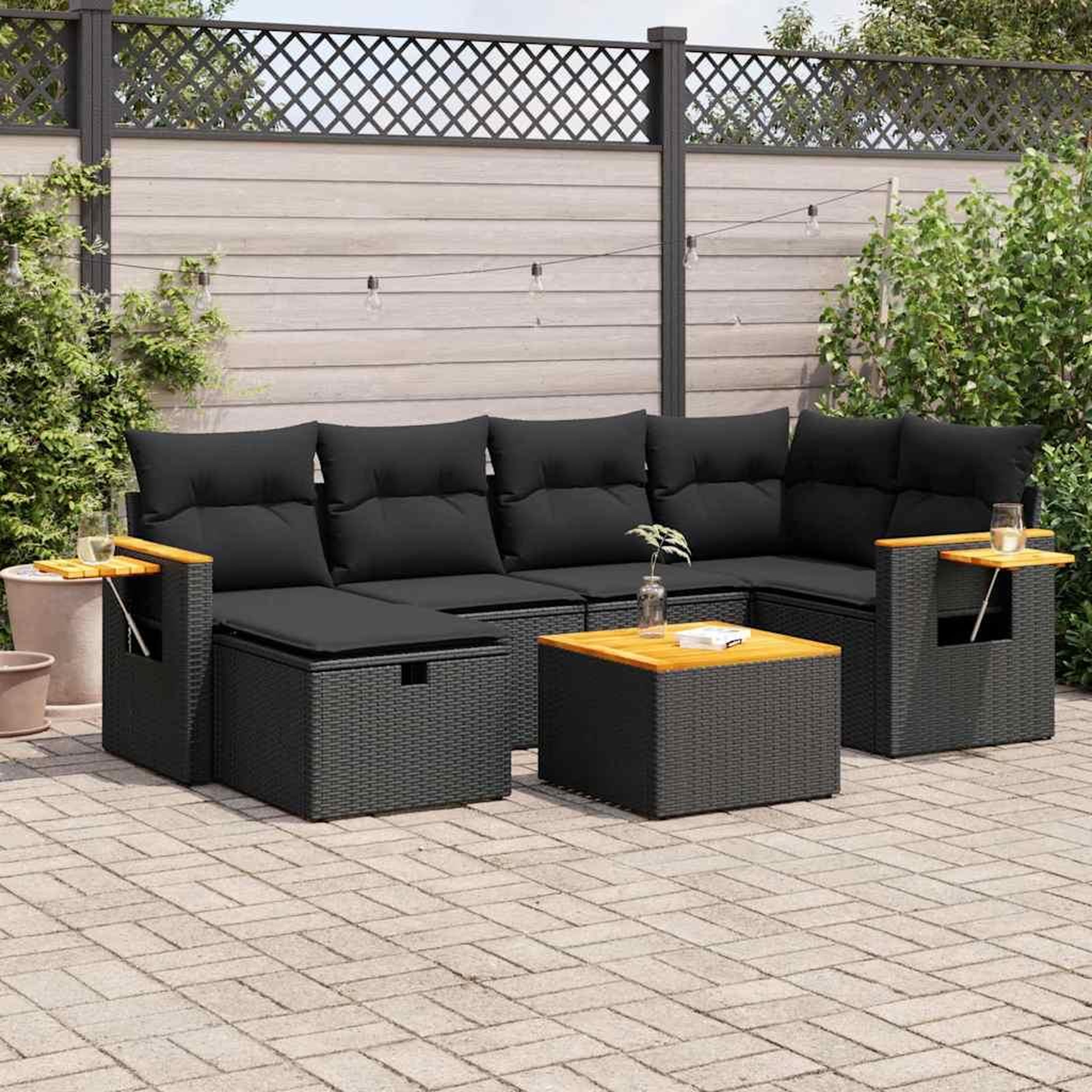 VIDAXL Salon de jardin 7 pcs avec coussins noir resine tressee