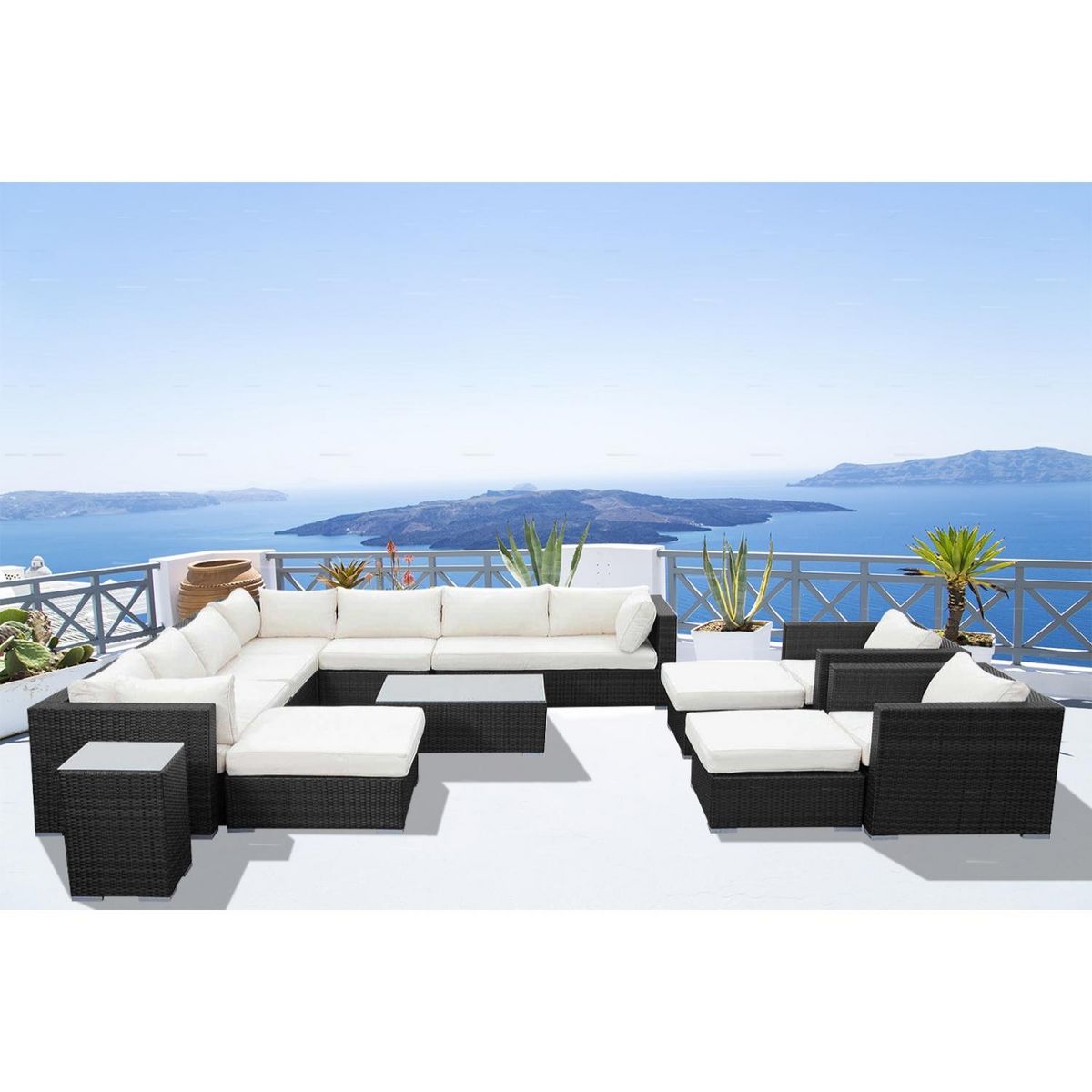 CONCEPT USINE Salon de jardin modulable 13-14 places en résine noir-blanc STALLA