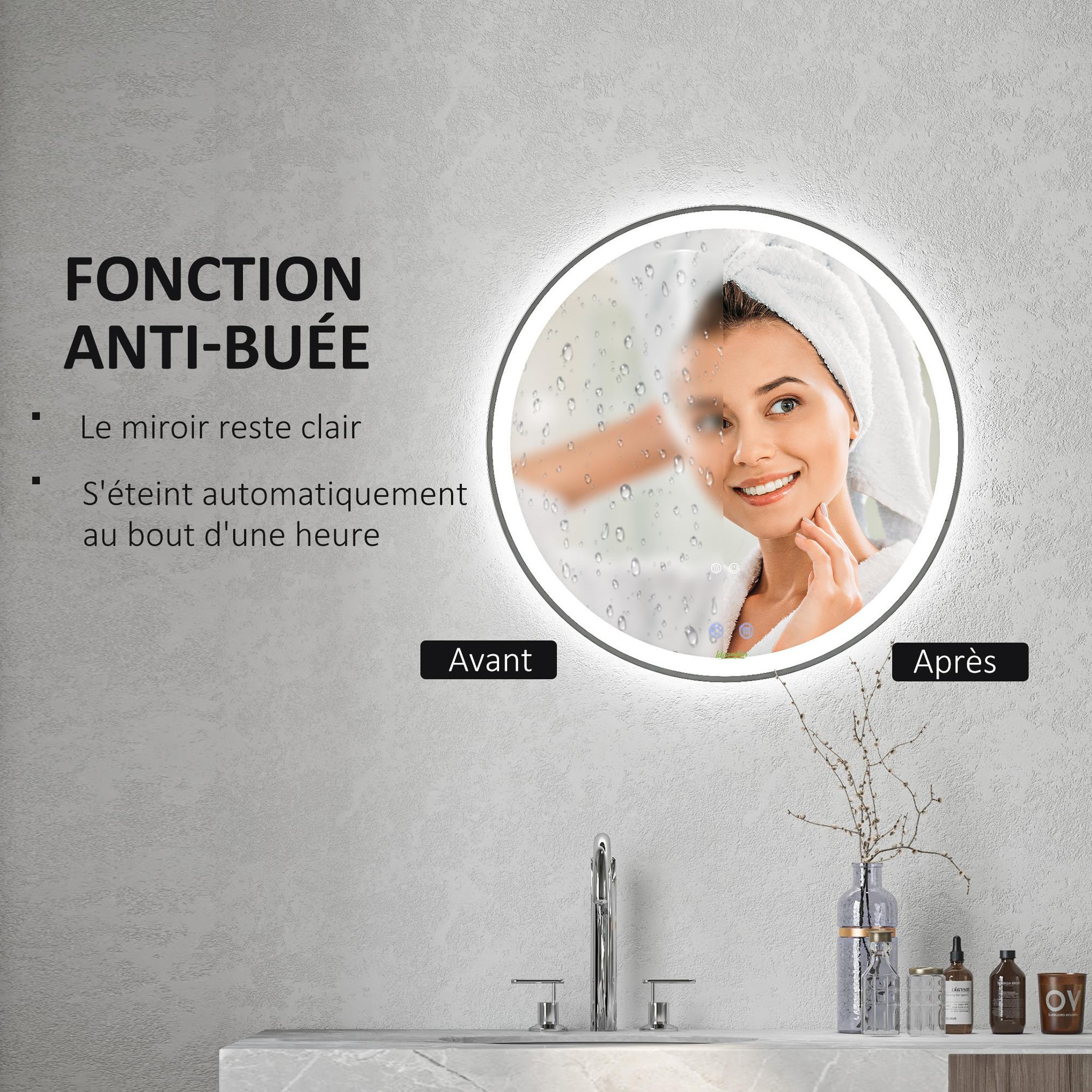 Voir la diapositive 6 : KLEANKIN Miroir rond lumineux led de salle de bain 23 w ø 70 cm tactile antibuée blanc argent