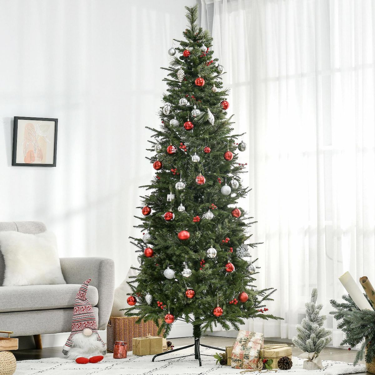 HOMCOM Sapin de Noël artificiel décoré Ø 78 x 210H cm 746 branches épines grand réalisme 45 baies rouges