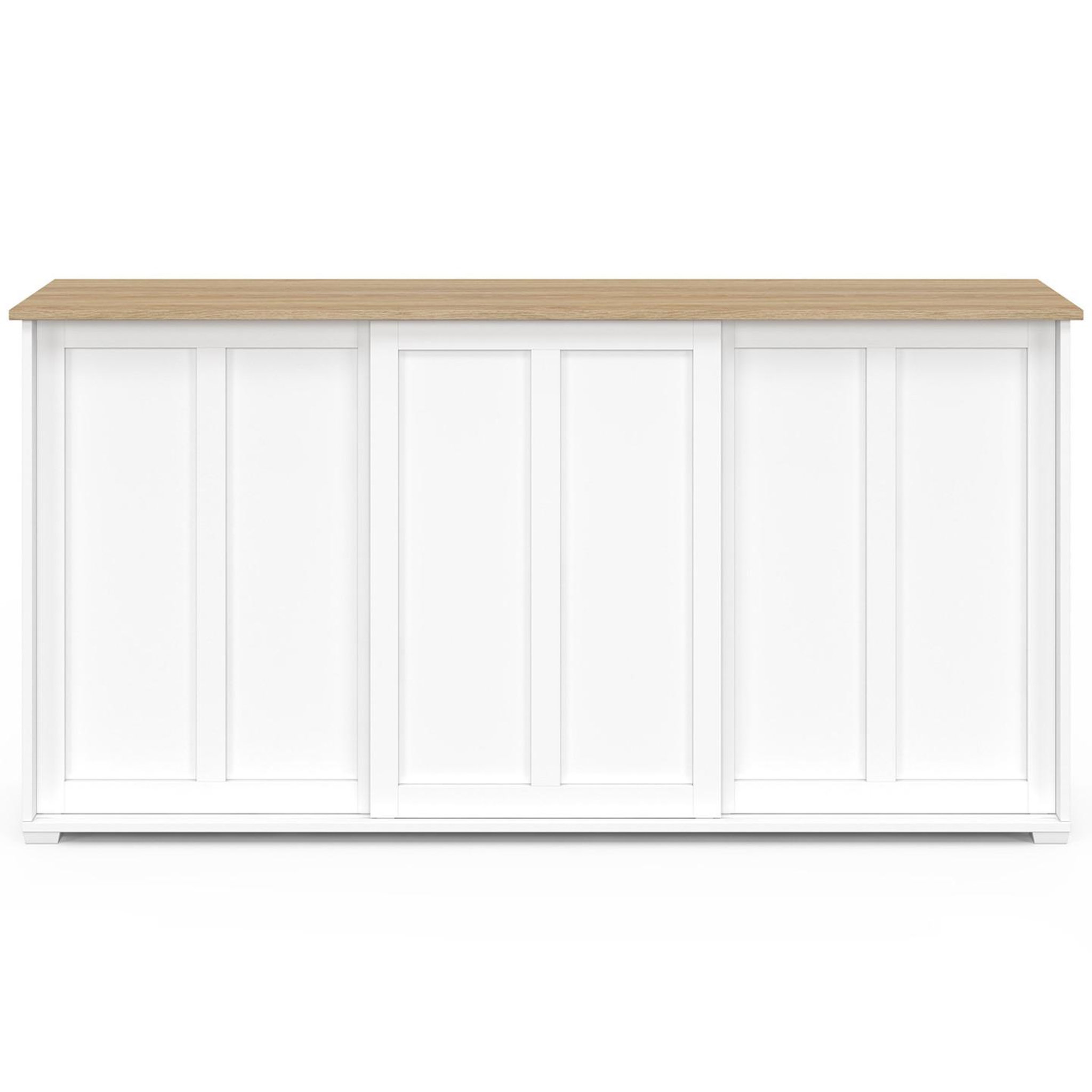 Voir la diapositive 3 : ID MARKET Buffet 160 cm JANGO 3 portes coulissantes blanc et plateau bois
