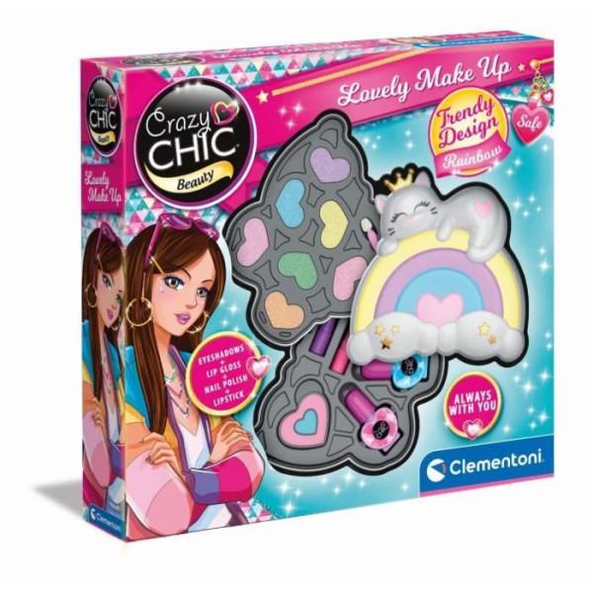 CLEMENTONI Clementoni - Coffret Maquillage Arc-en-ciel - 2 palettes fards a paupieres, rouge a levres et vernis a ongles - Dés 6 ans