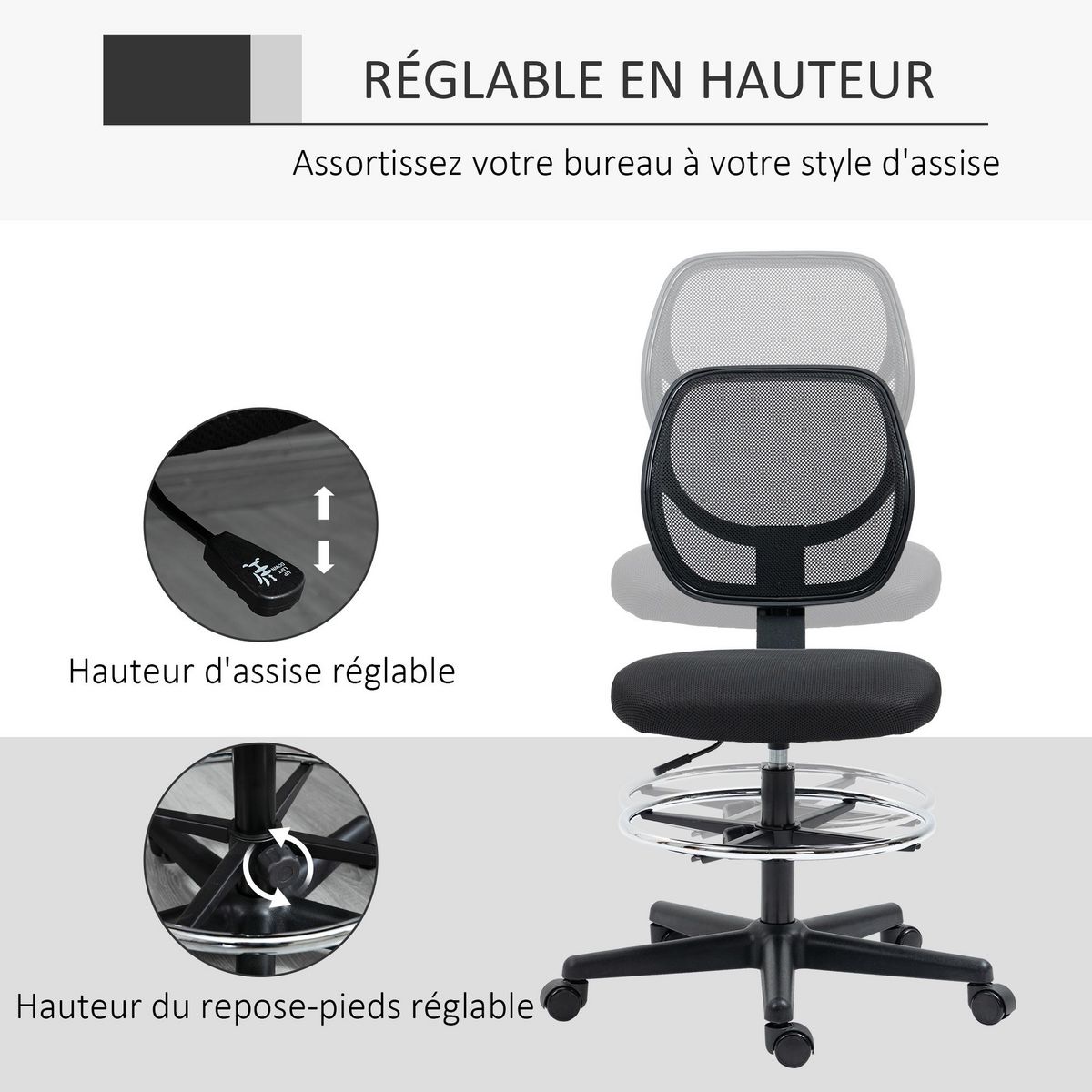 VINSETTO Chaise de bureau assise haute réglable dim. 59L x 61l x 93-113H cm pivotant 360° tissu maille respirante noir