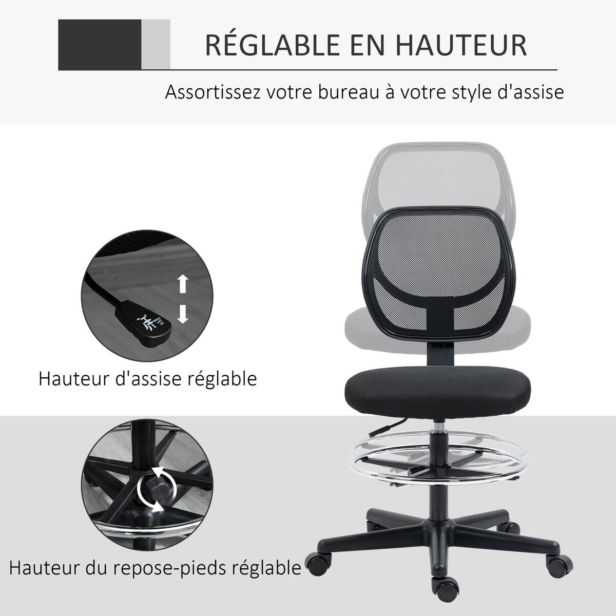 VINSETTO Chaise de bureau assise haute réglable dim. 59L x 61l x 93-113H cm pivotant 360° tissu maille respirante noir