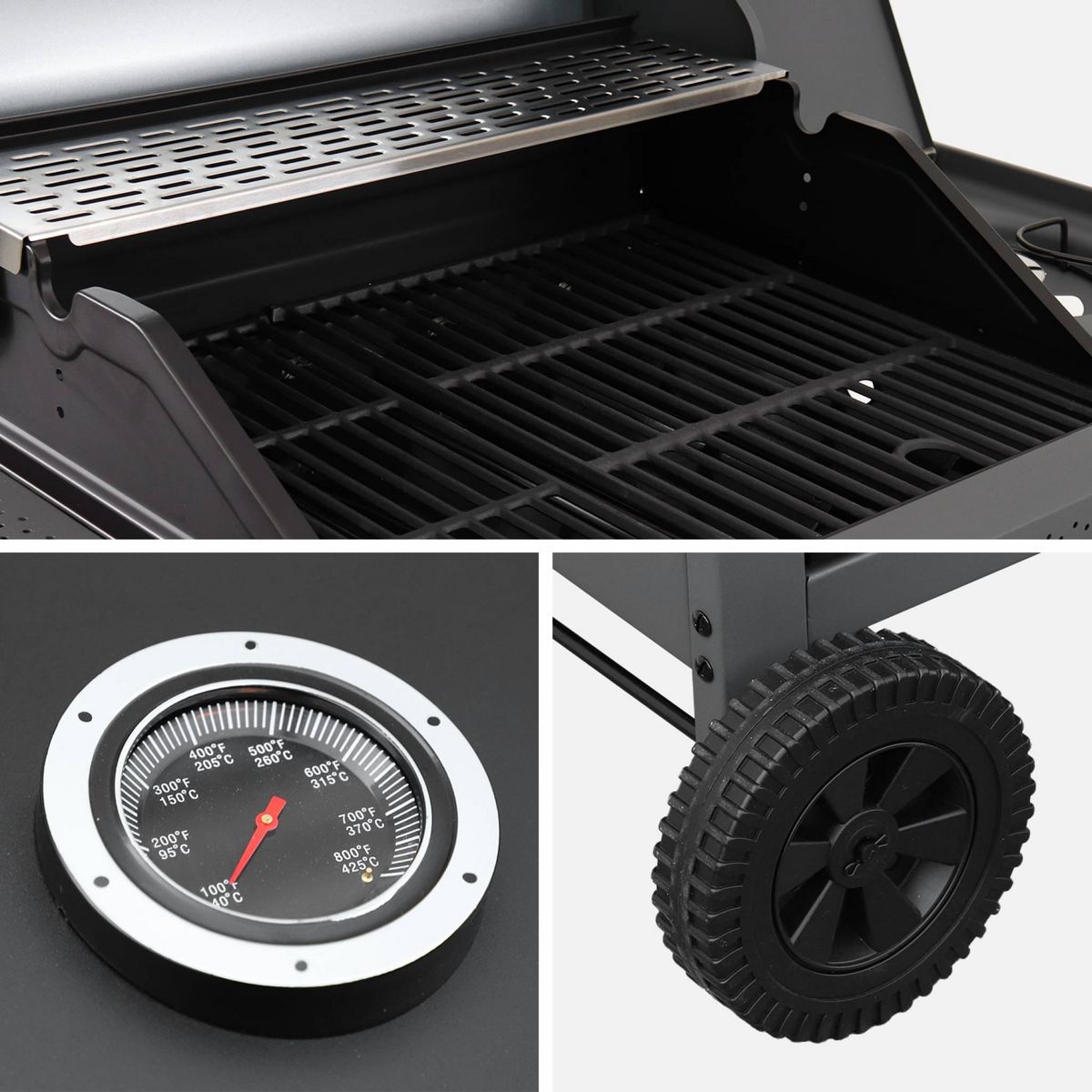 SWEEEK Barbecue au gaz Edmond noir. 4 brûleurs + 1 feu latéral. avec thermomètre. L 122x P62 x H143 cm