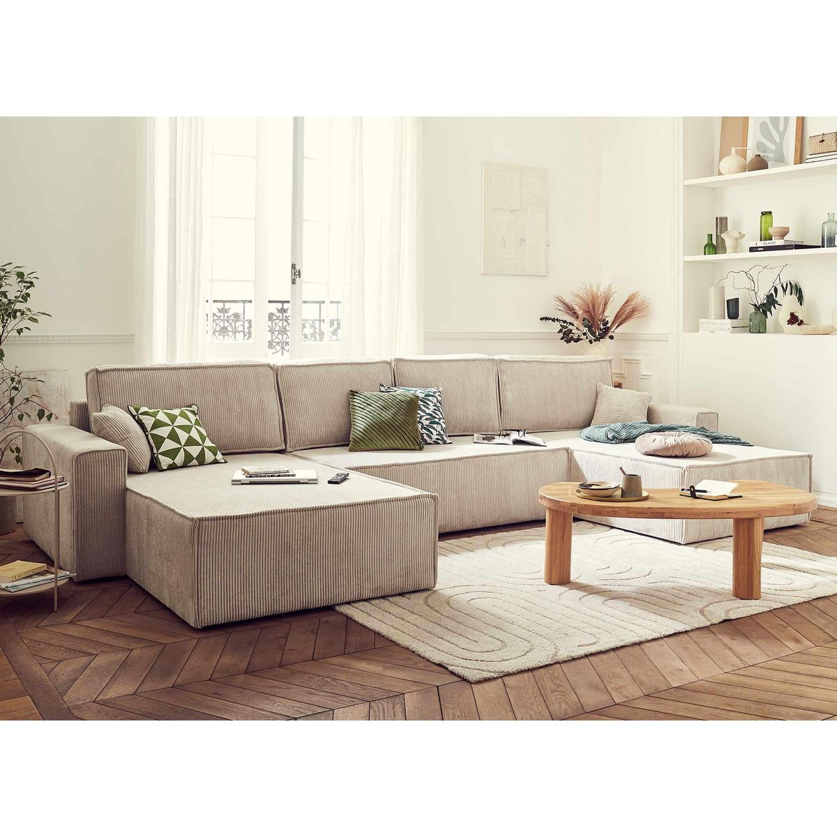 BEST MOBILIER Dellia - canapé panoramique en u - 7 places - convertible - avec coffre - en velours côtelé