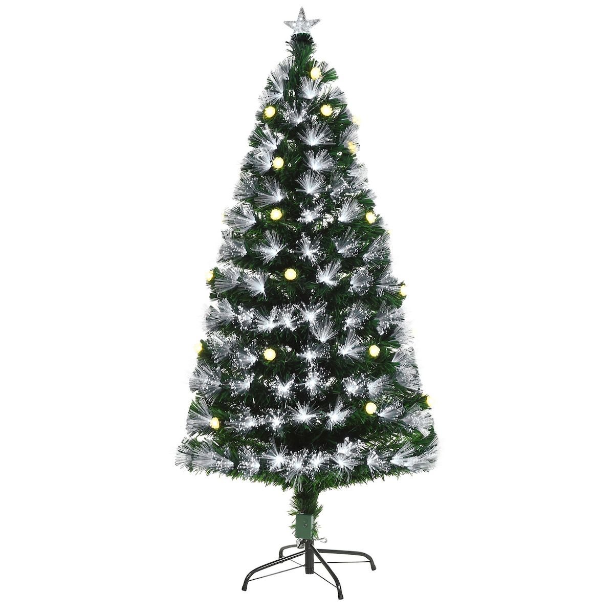 HOMCOM Sapin de Noël artificiel lumineux fibre optique LED + 20 ampoules + support pied Ø 63 x 120H cm 130 branches étoile sommet brillante vert