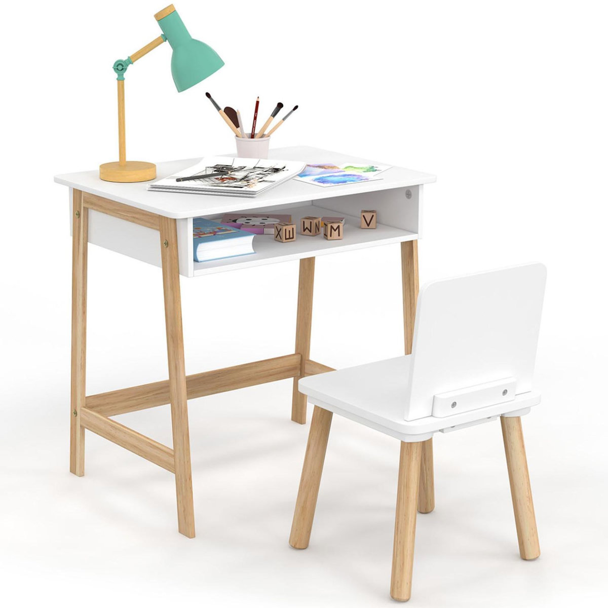 ID MARKET Ensemble bureau enfant ANATOLE avec niche et 1 chaise blanc et bois