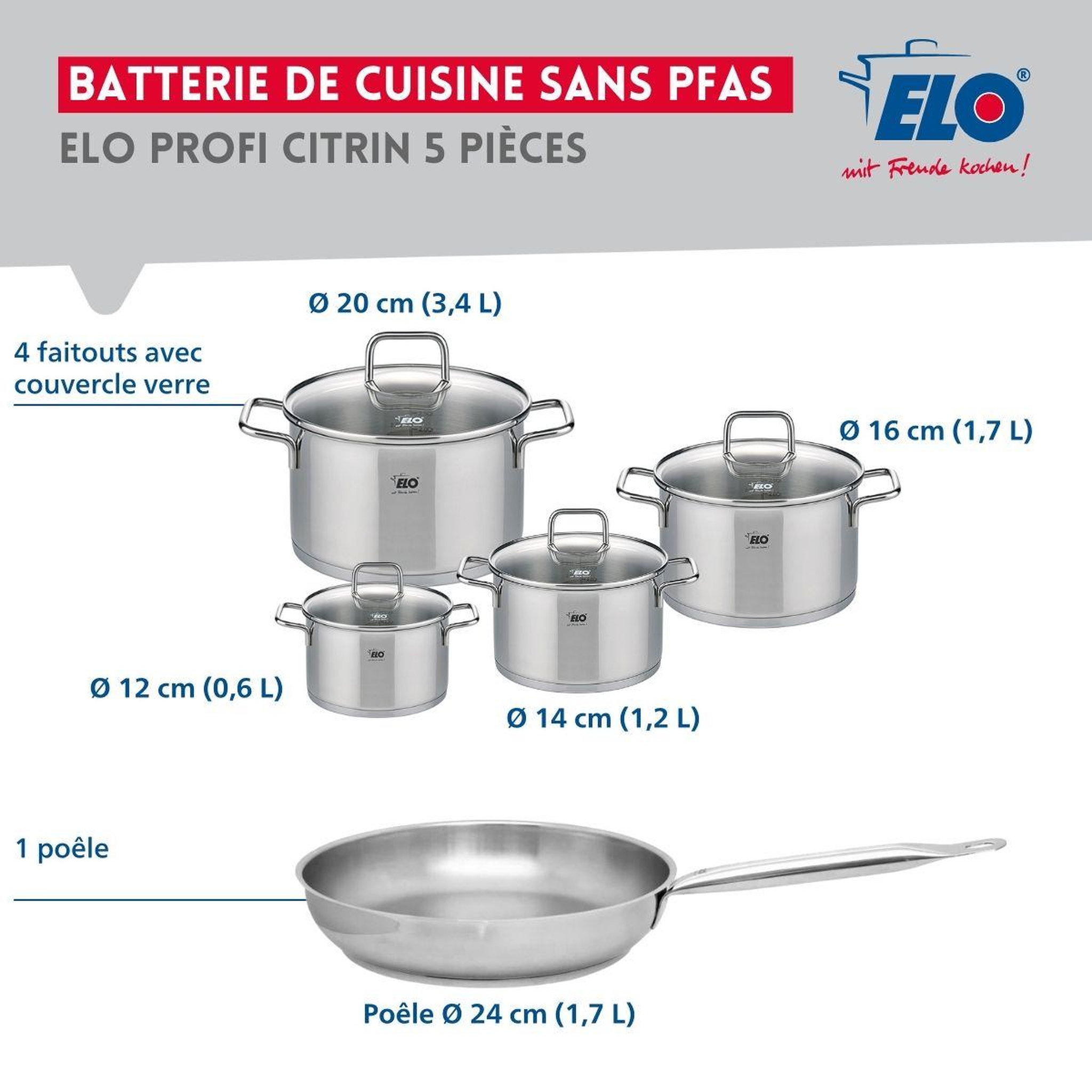Voir la diapositive 2 : ELO Ensemble de 1 poêle de cuisson 24 cm et 4 faitouts 12, 14, 16 et 20 cm elo profi citrin