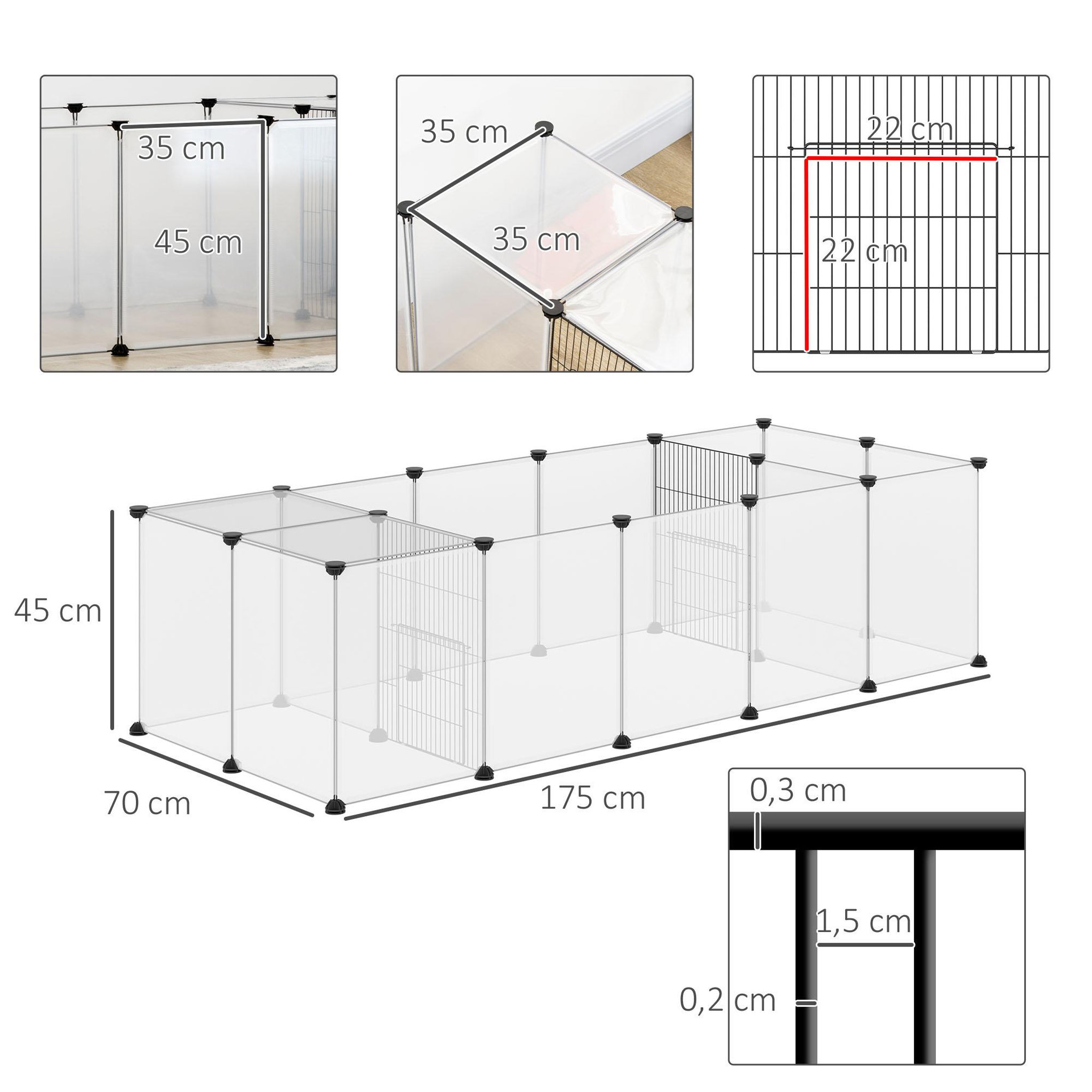 Voir la diapositive 3 : PAWHUT Enclos parc modulable petits animaux - 20 panneaux - dim. 175l x 70l x 45h cm - acier noir pp blanc