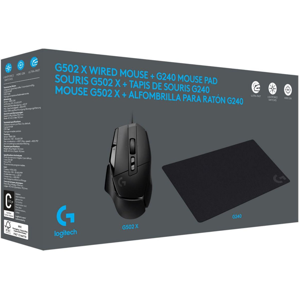 Logitech Souris Gamer Filaire G502X filaire noir + tapis G240