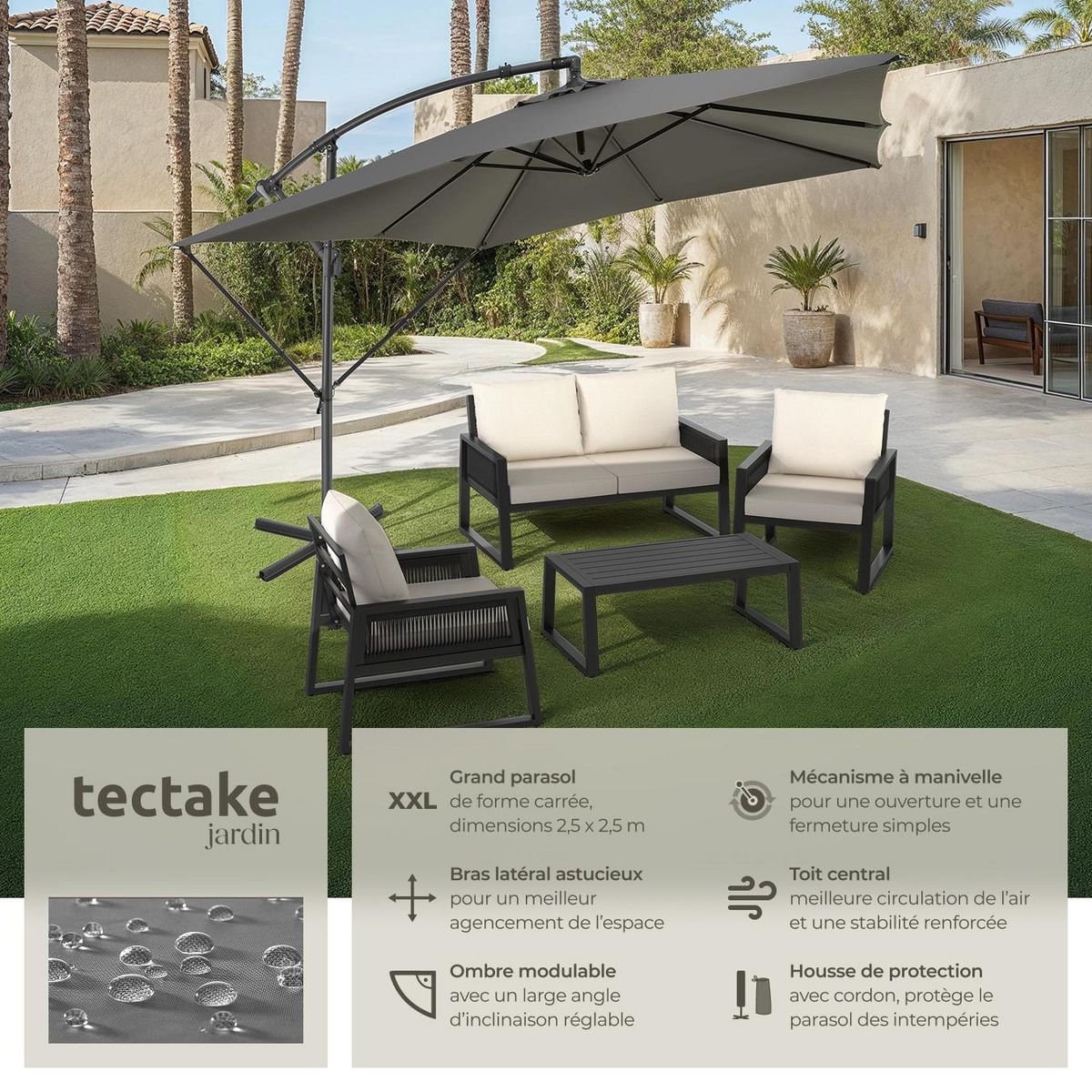 tectake Parasol 250 x 250 cm gris clair