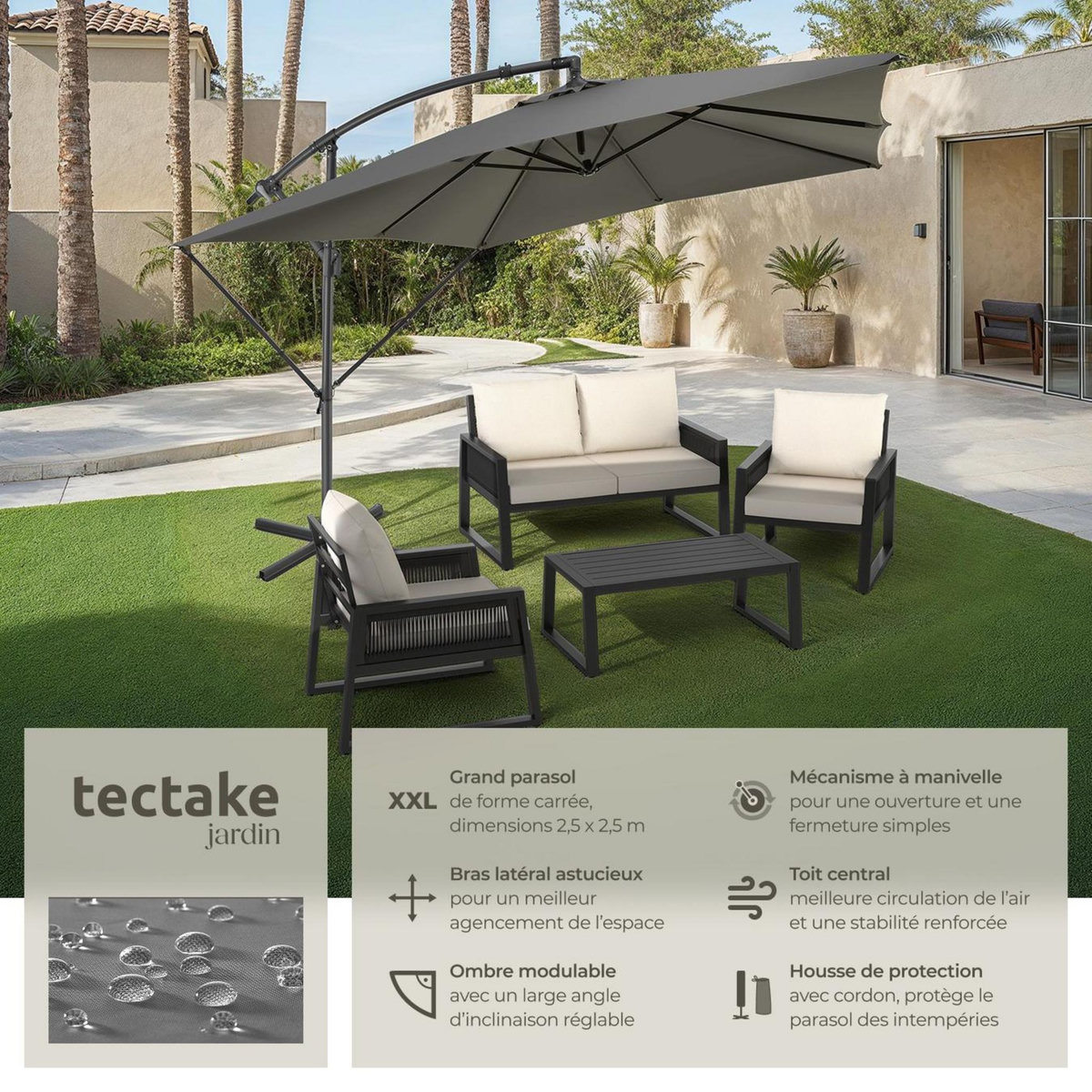 tectake Parasol 250 x 250 cm gris clair