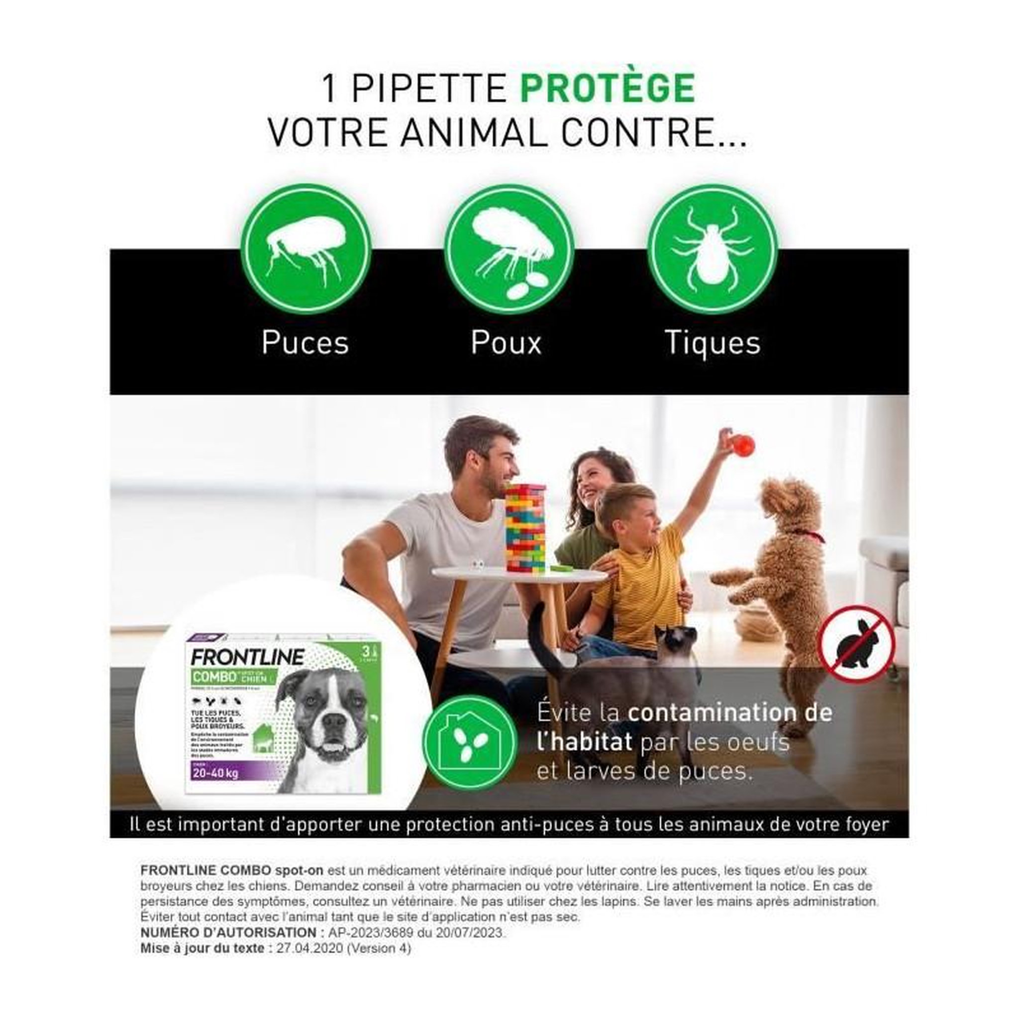 Voir la diapositive 2 : Frontline FRONTLINE 3 Pipettes antiparasitaires COMBO Chien - 20-40 kg - Puces, tiques, poux broyeurs