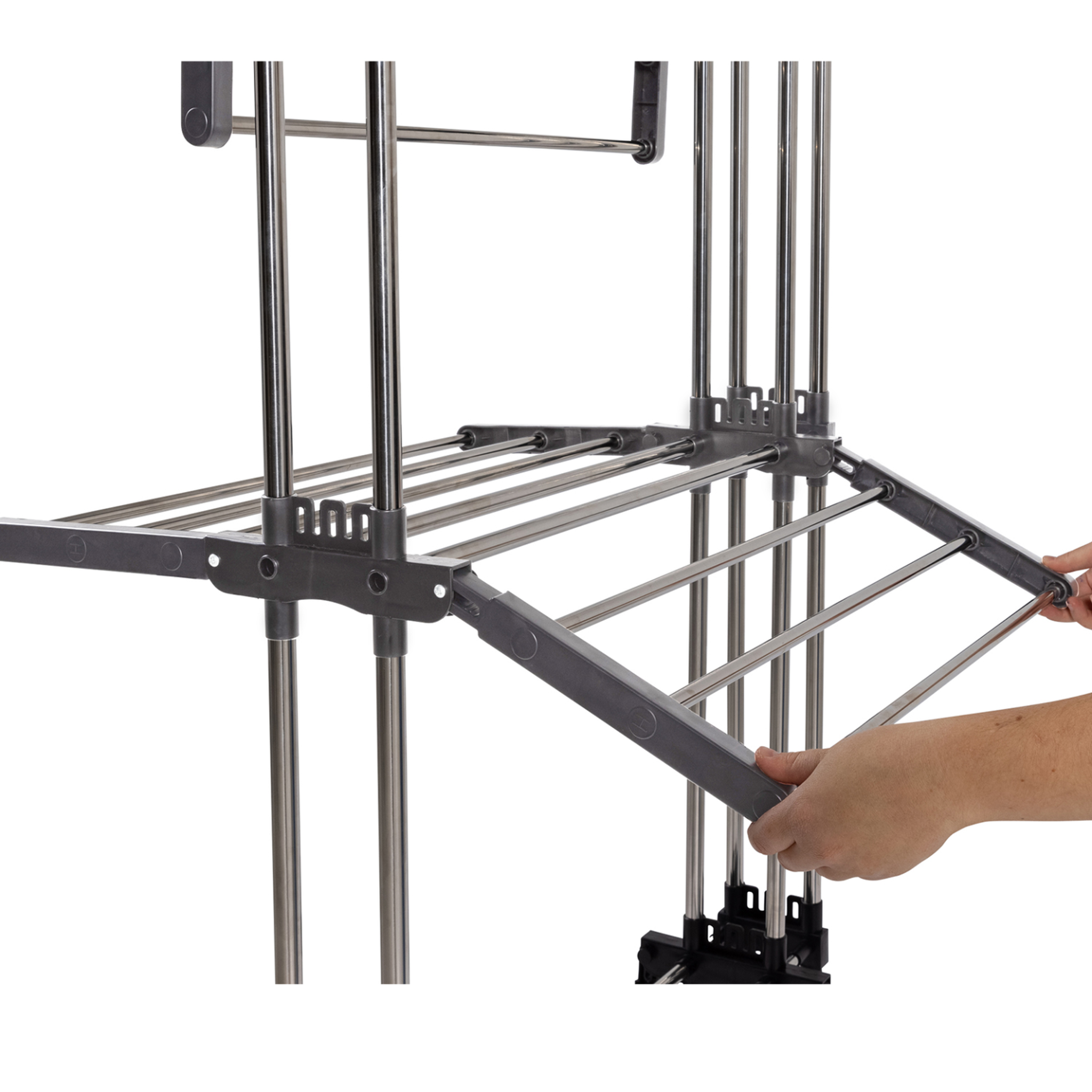 Voir la diapositive 5 : ID MARKET Séchoir à linge vertical pliable et extensible 3 niveaux giga capacité 27m avec cintres et pinces inox et gris