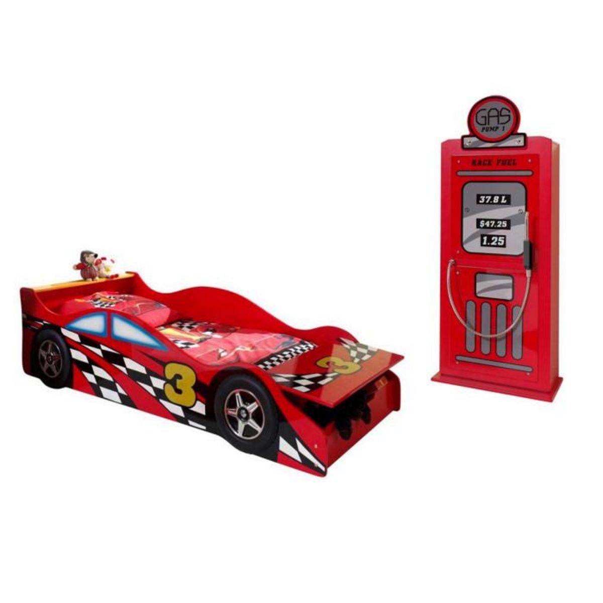 Paris Prix Pack - Lit Enfant Voiture  Race  & Armoire 1 Porte  Pompe à Essence  Rouge