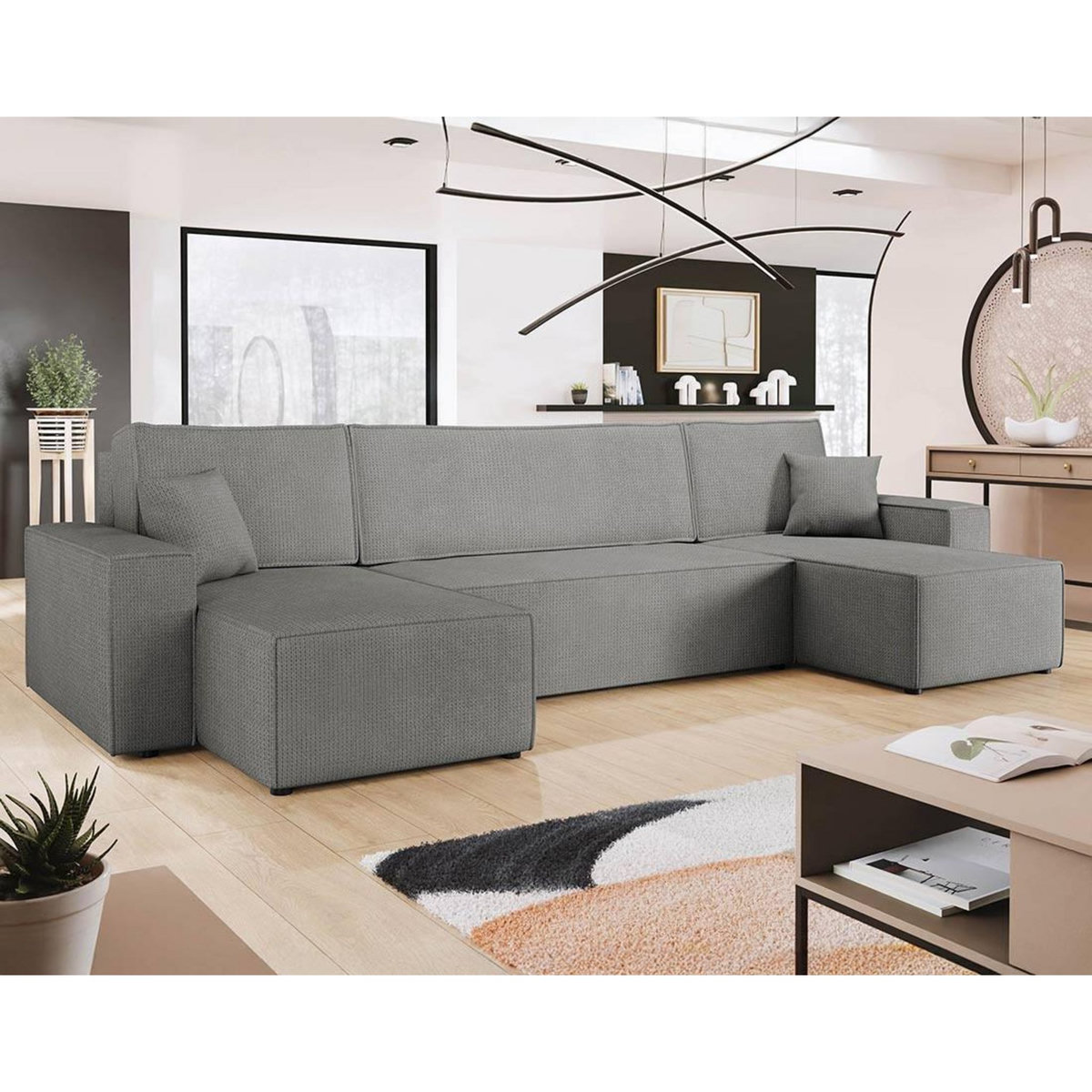 BEST MOBILIER Cezanne - canapé panoramique en u 7 places convertible avec coffre en tissu texturé