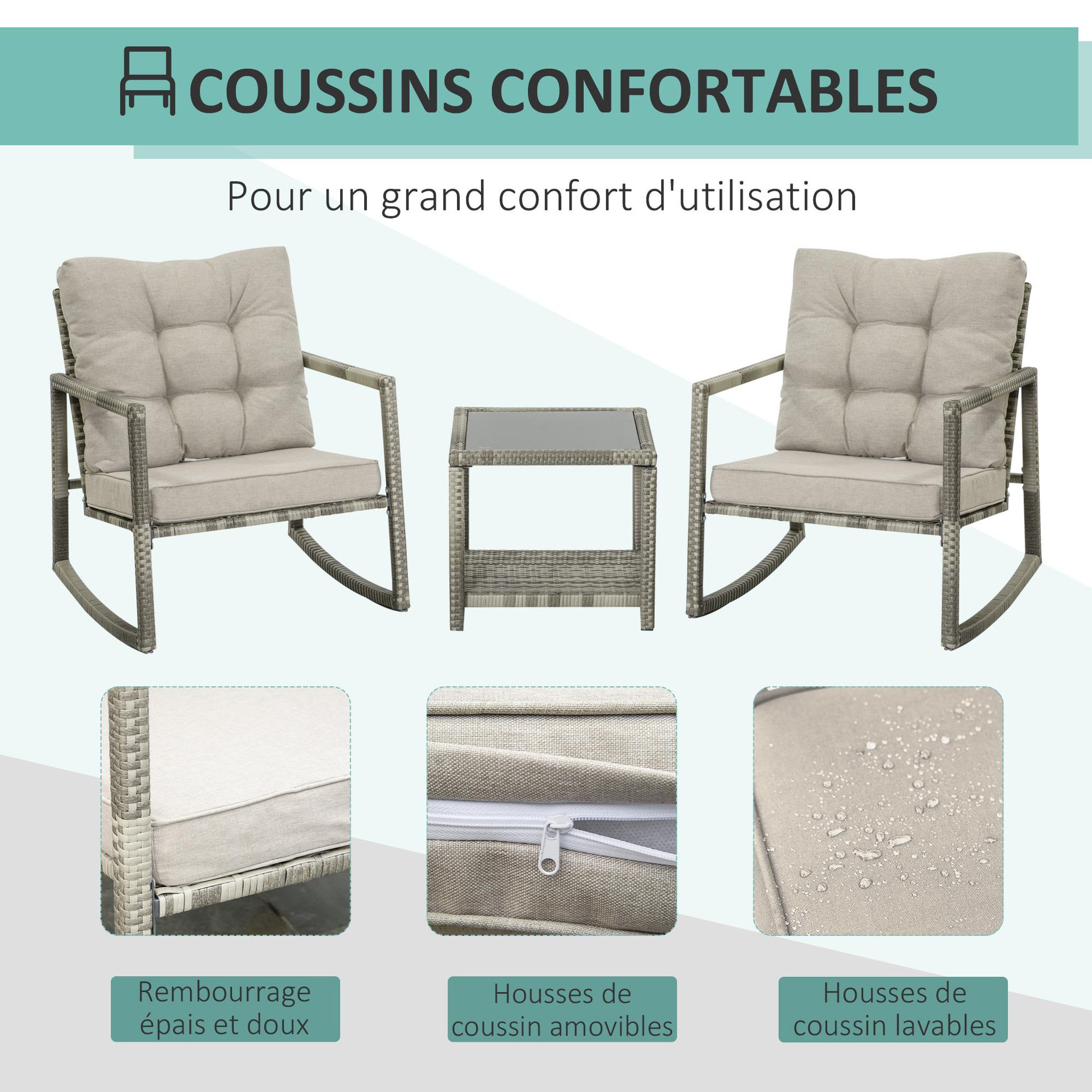 Voir la diapositive 5 : OUTSUNNY Ensemble de jardin 3 pièces 2 fauteuils à bascule table basse coussins inclus métal époxy résine tressée PE polyester gris