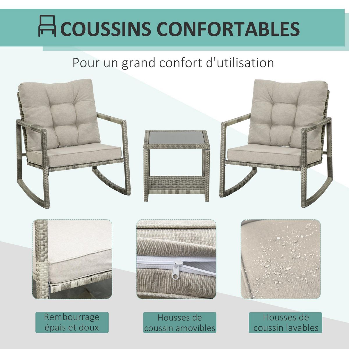 OUTSUNNY Ensemble de jardin 3 pièces 2 fauteuils à bascule table basse coussins inclus métal époxy résine tressée PE polyester gris