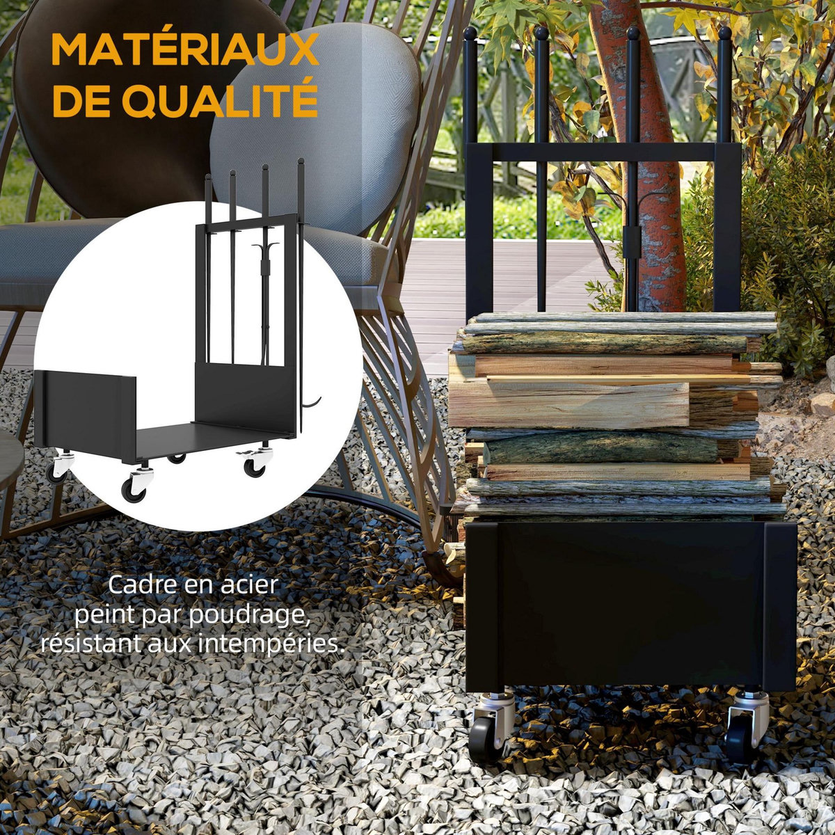 OUTSUNNY Serviteur de cheminée range-bûches chariot 3 en 1 - pelle, balai, tisonnier, pince - charge max. 60 Kg - métal noir