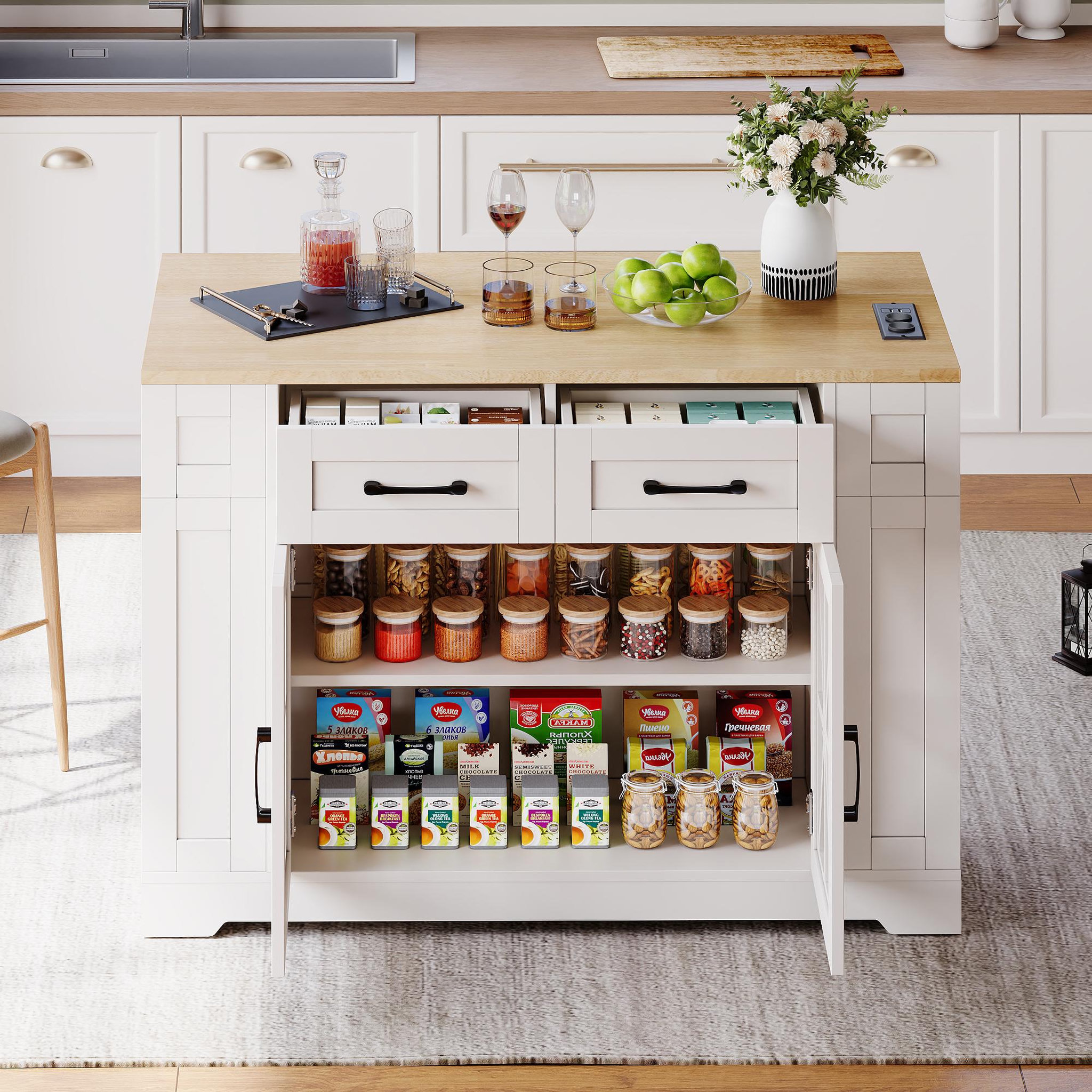 Voir la diapositive 5 : MERAX Ilot de cuisine 2 portes 2 tiroirs coloris blanc mdf