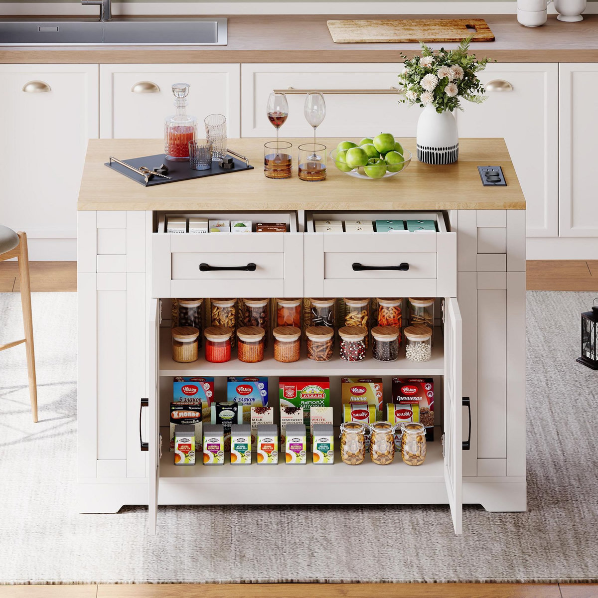 MERAX Ilot de cuisine 2 portes 2 tiroirs coloris blanc mdf