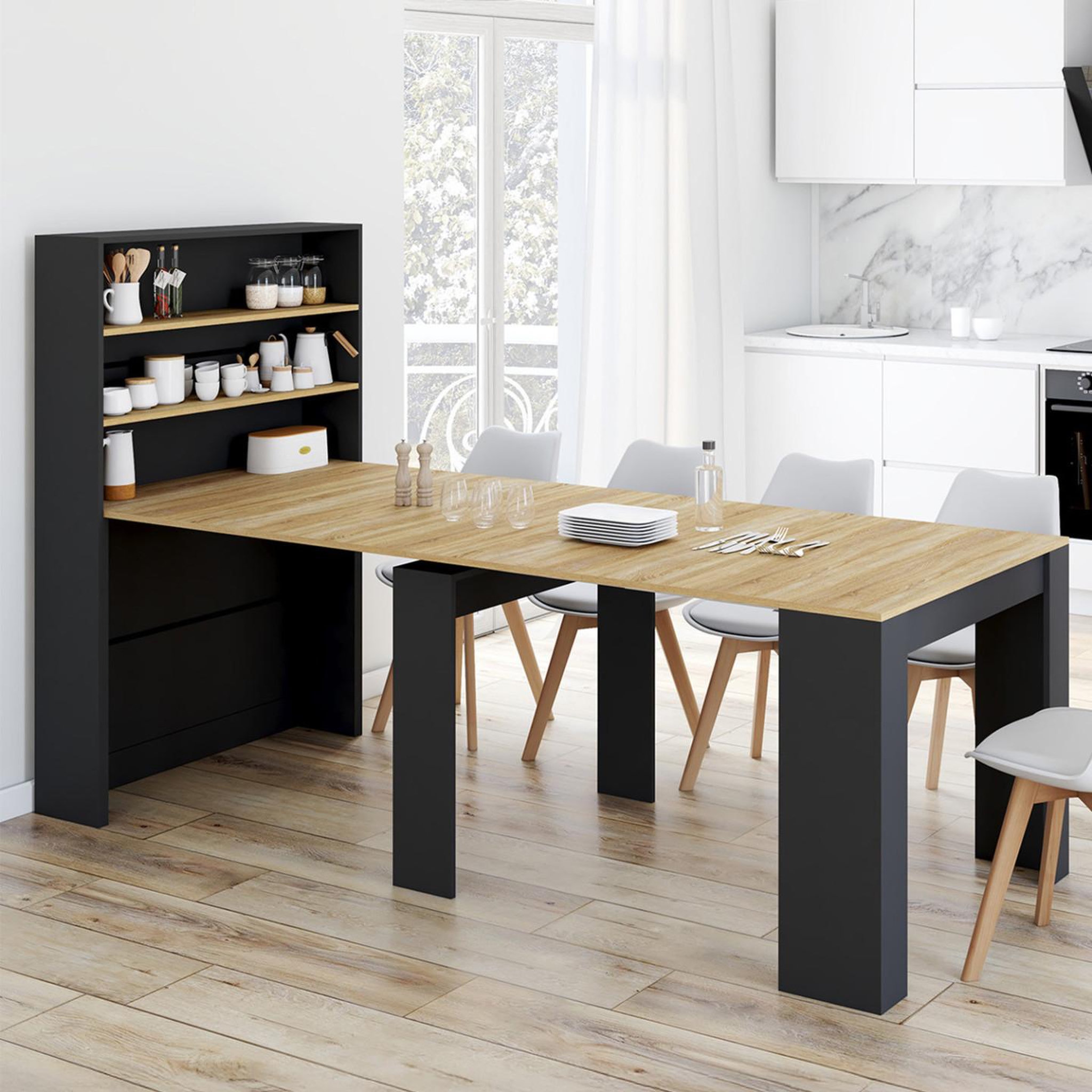 Voir la diapositive 2 : ID MARKET Table buffet haut extensible orlando 8 personnes bois et noir 235 cm