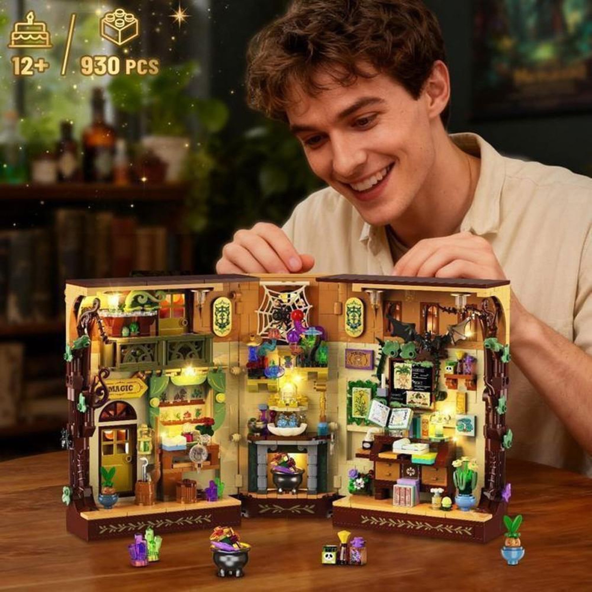 Voir la diapositive 4 : Coffret de construction LED Book Nook magie aux herbes, 930 pièces ABS, maquette bibliothèque