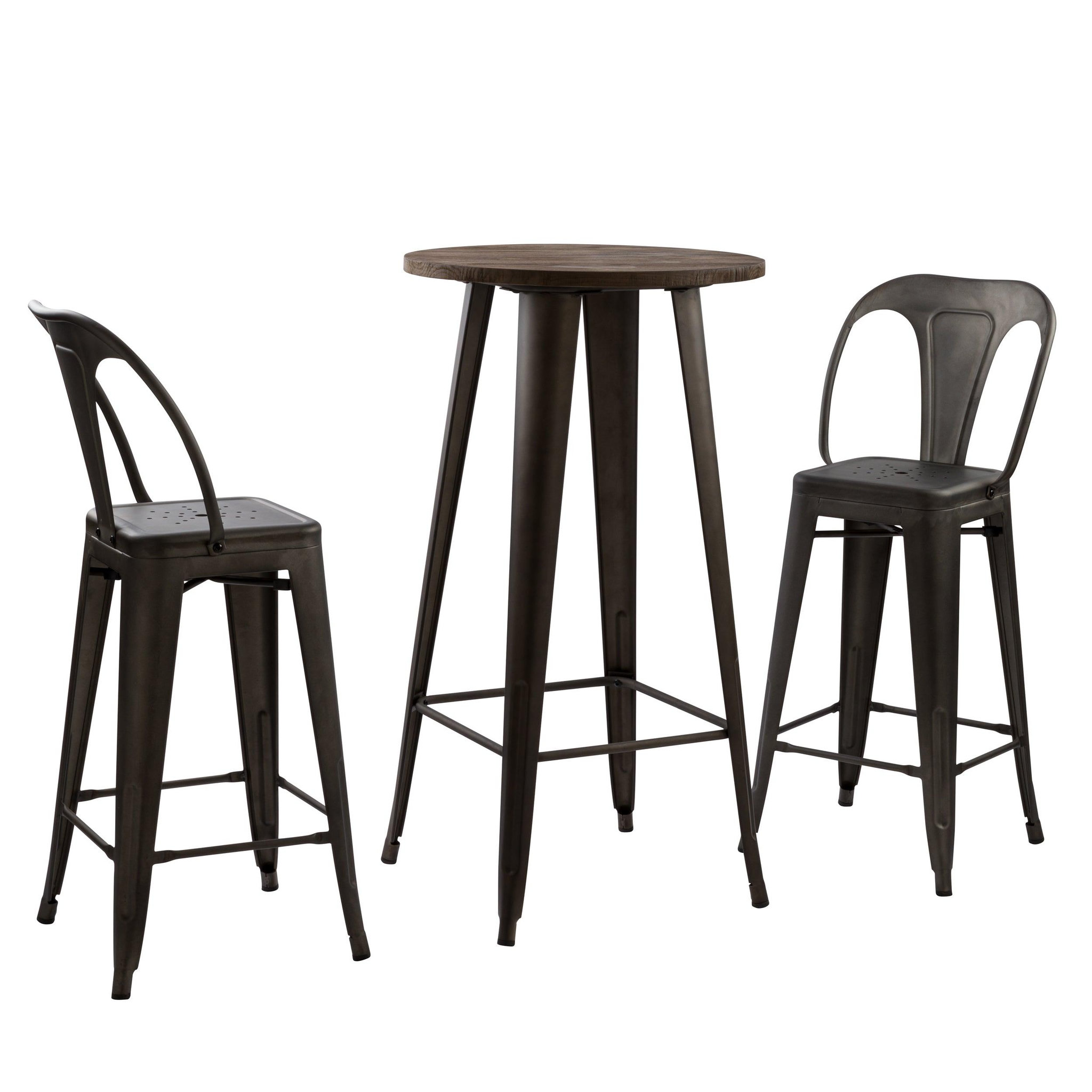 Voir la diapositive 5 : MAISON PAVANE Table de bar ronde 2 personnes en bois foncé d60 cm-chimie