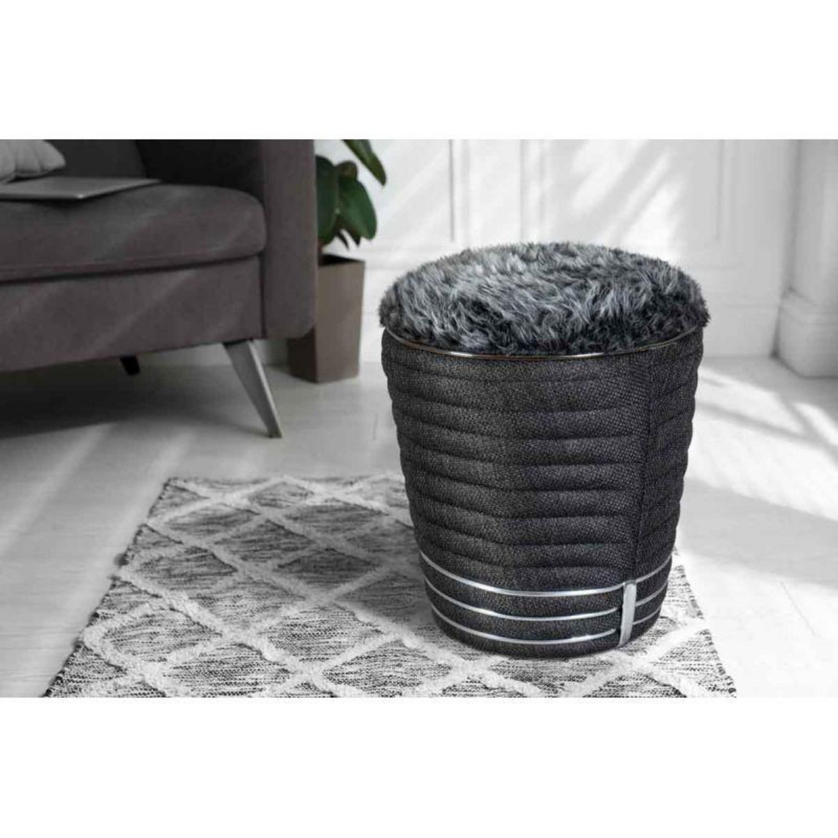 Paris Prix Tabouret en Tissu  Doric  50cm Anthracite & Argent