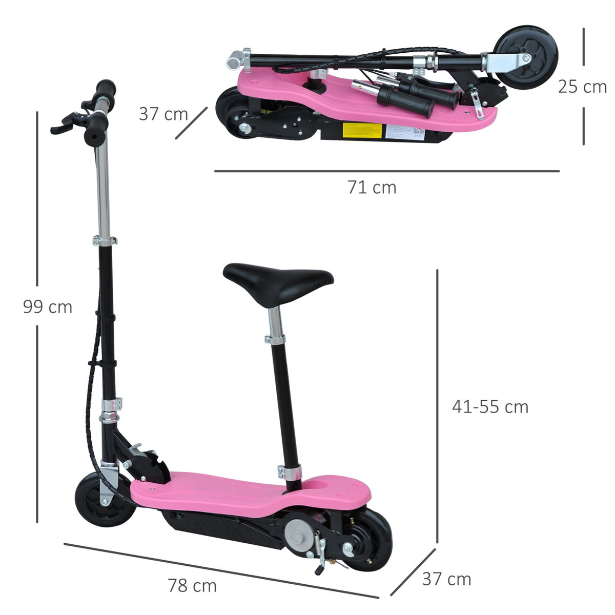 HOMCOM Trottinette électrique 120 W pliable pour enfants à partir de 7 ans hauteur de guidon et selle réglable 10 Km/h max. rose noir