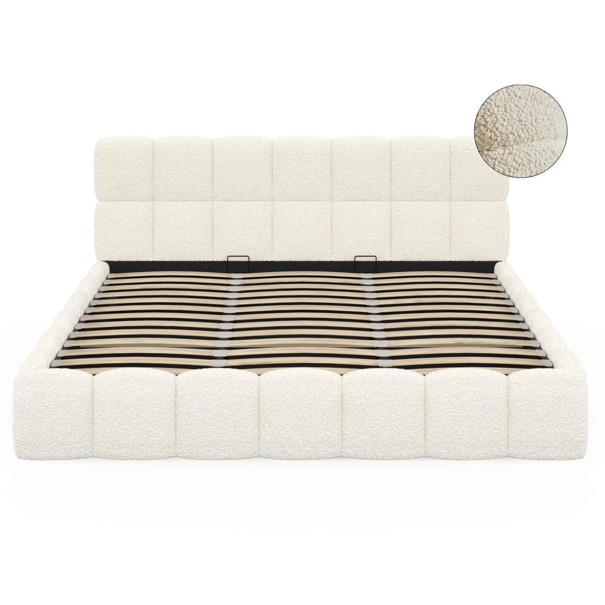 Voir la diapositive 3 : ID MARKET Lit coffre double nuage avec tête de lit matelassée et sommier 180 x 200 cm bouclette blanc