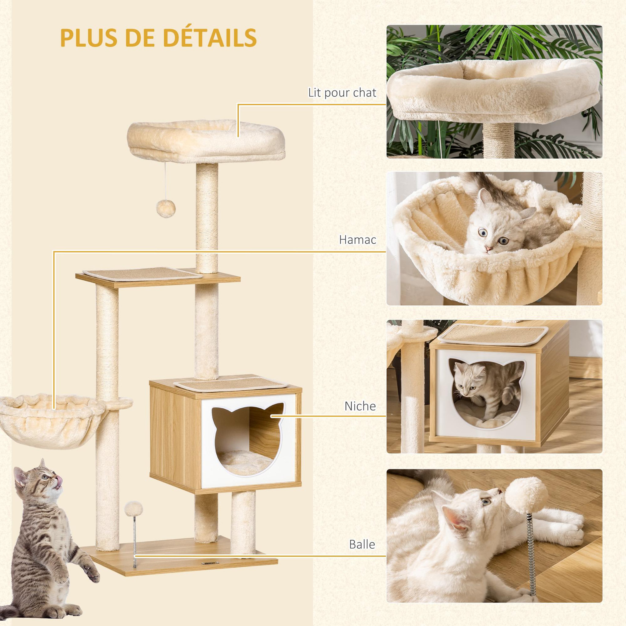 Voir la diapositive 5 : PAWHUT Arbre à chat multi-équipement griffoirs grattoirs niche hamac panier coussins amovibles h126 cm peluche courte sisal naturel beige