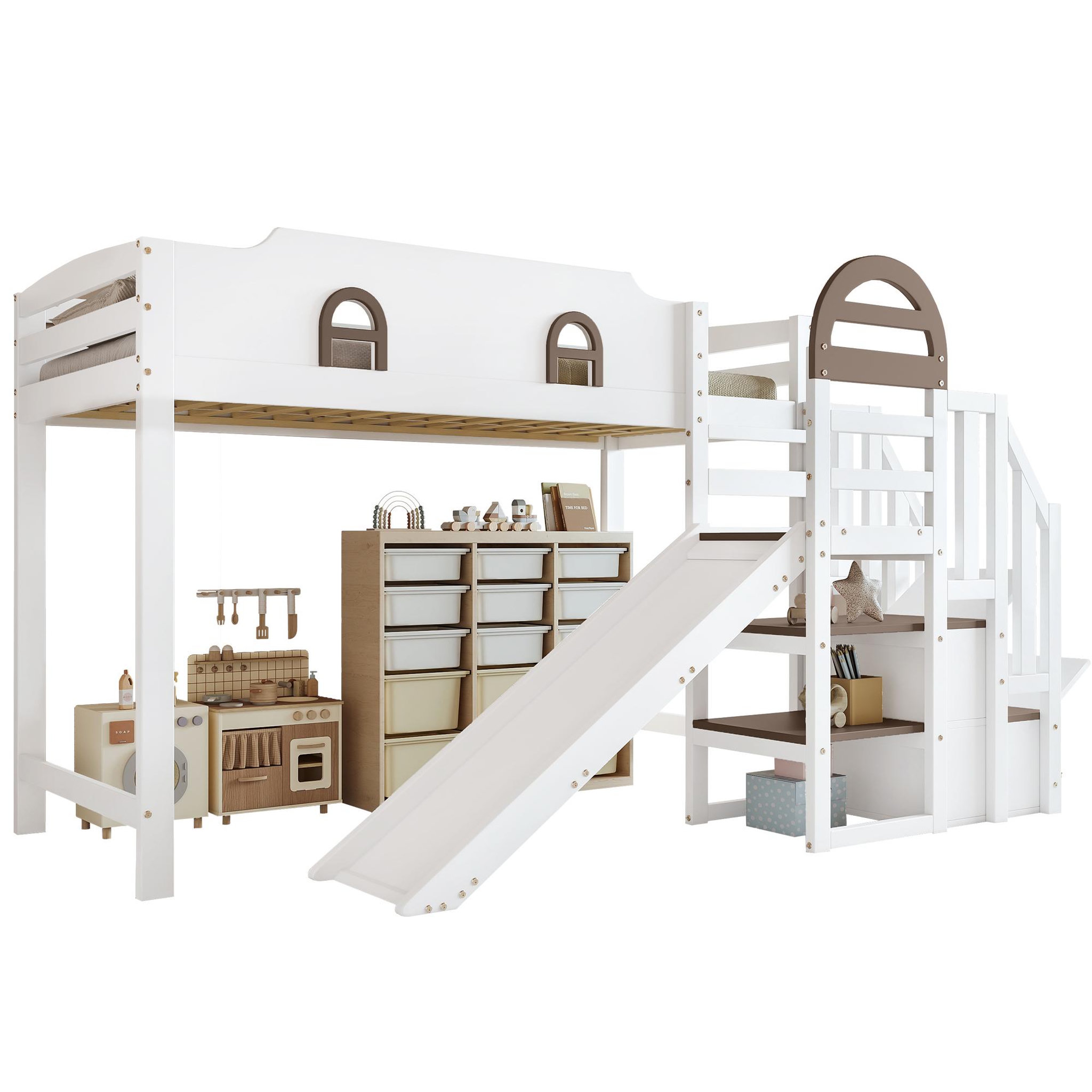 MERAX Lit combiné enfant 90x200cm coloris blanc pin et mdf