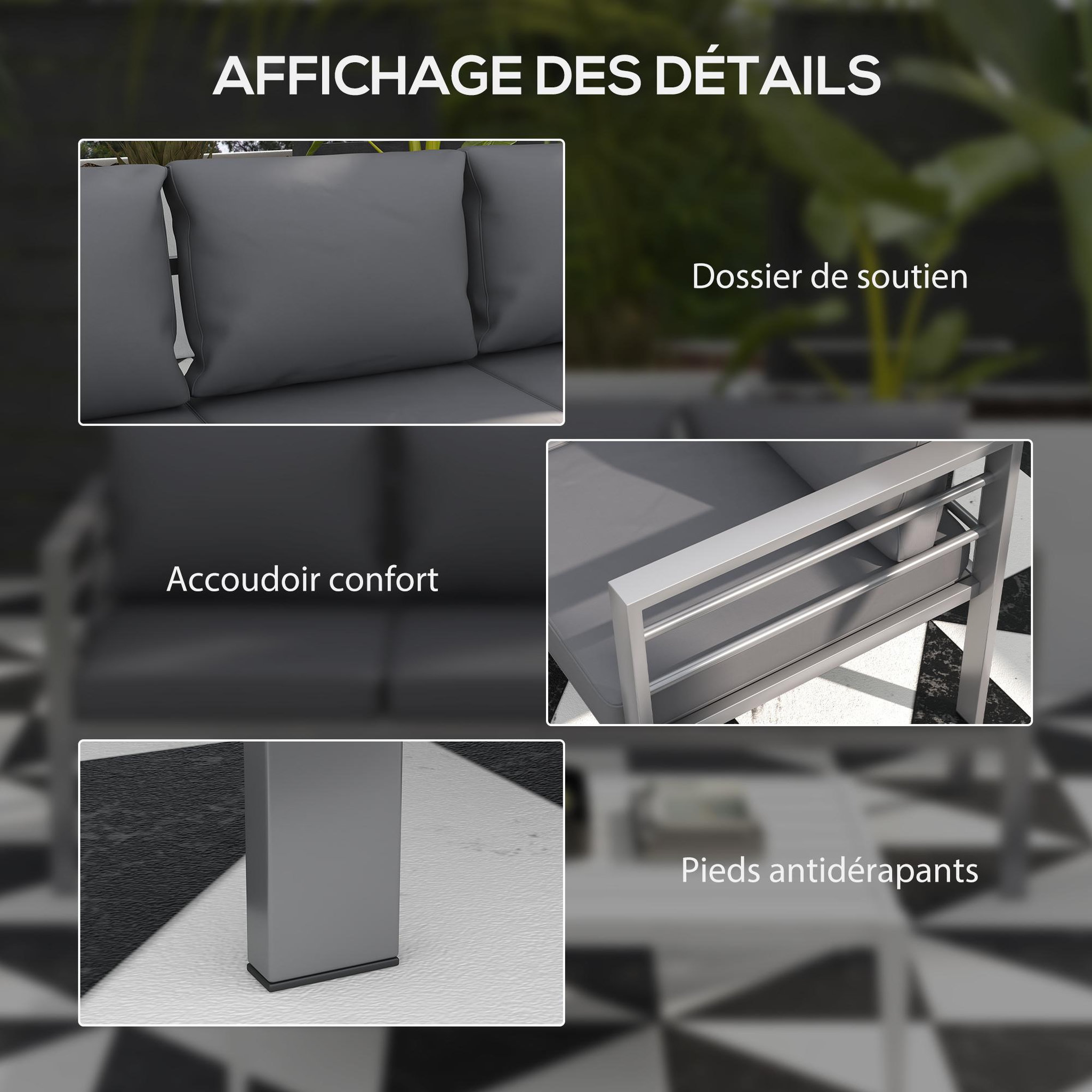 Voir la diapositive 6 : OUTSUNNY Canapé de jardin 3 places design contemporain - dim. 185L x 66l x 64H cm - 6 coussins inclus - alu polyester gris