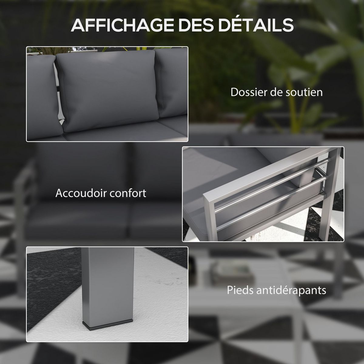 OUTSUNNY Canapé de jardin 3 places design contemporain - dim. 185L x 66l x 64H cm - 6 coussins inclus - alu polyester gris