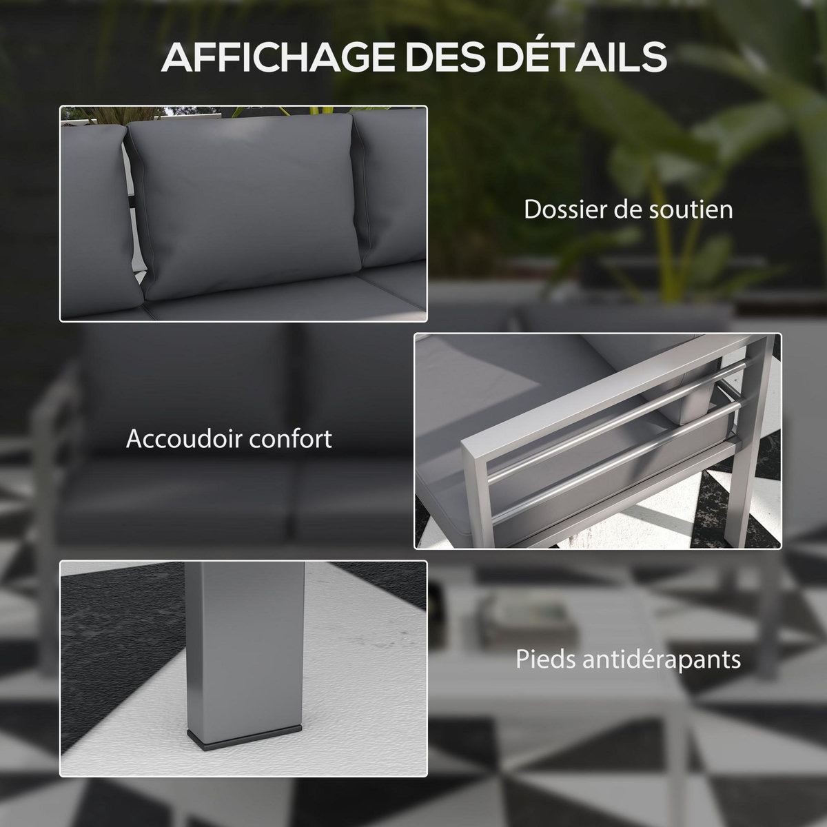 OUTSUNNY Canapé de jardin 3 places design contemporain - dim. 185L x 66l x 64H cm - 6 coussins inclus - alu polyester gris