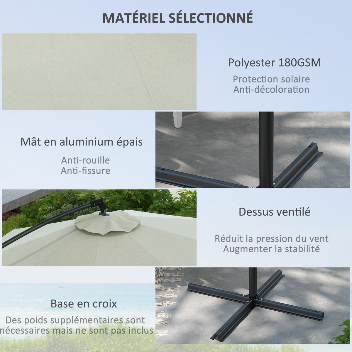 OUTSUNNY Parasol déporté octogonal inclinable Ø 2,93 x 2,60 m avec pied métal époxy alu crème
