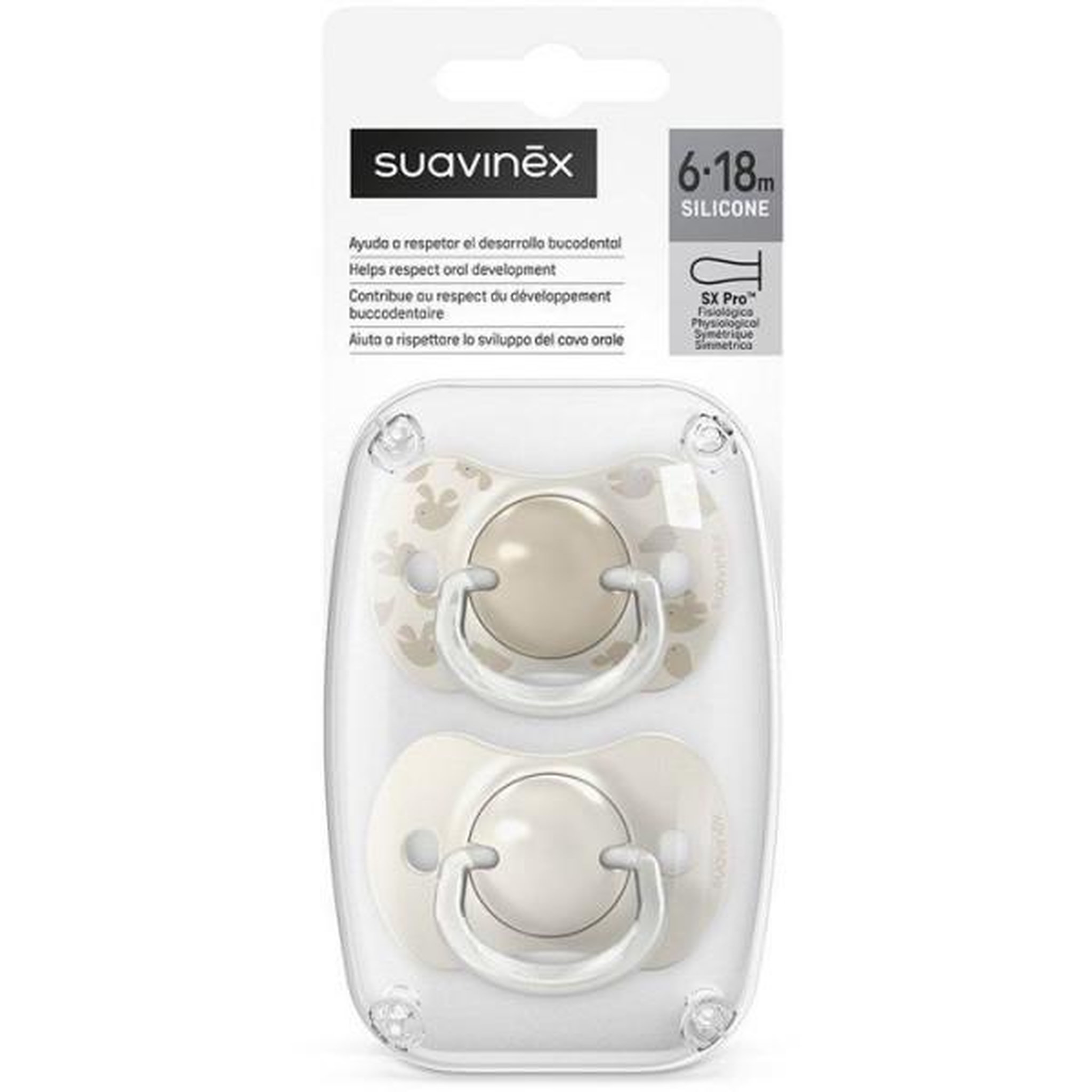 Voir la diapositive 5 : Suavinex Lot de 2 sucettes symétriques - SUAVINEX - Birdies - SX Pro - 6 a 18 mois - Beige
