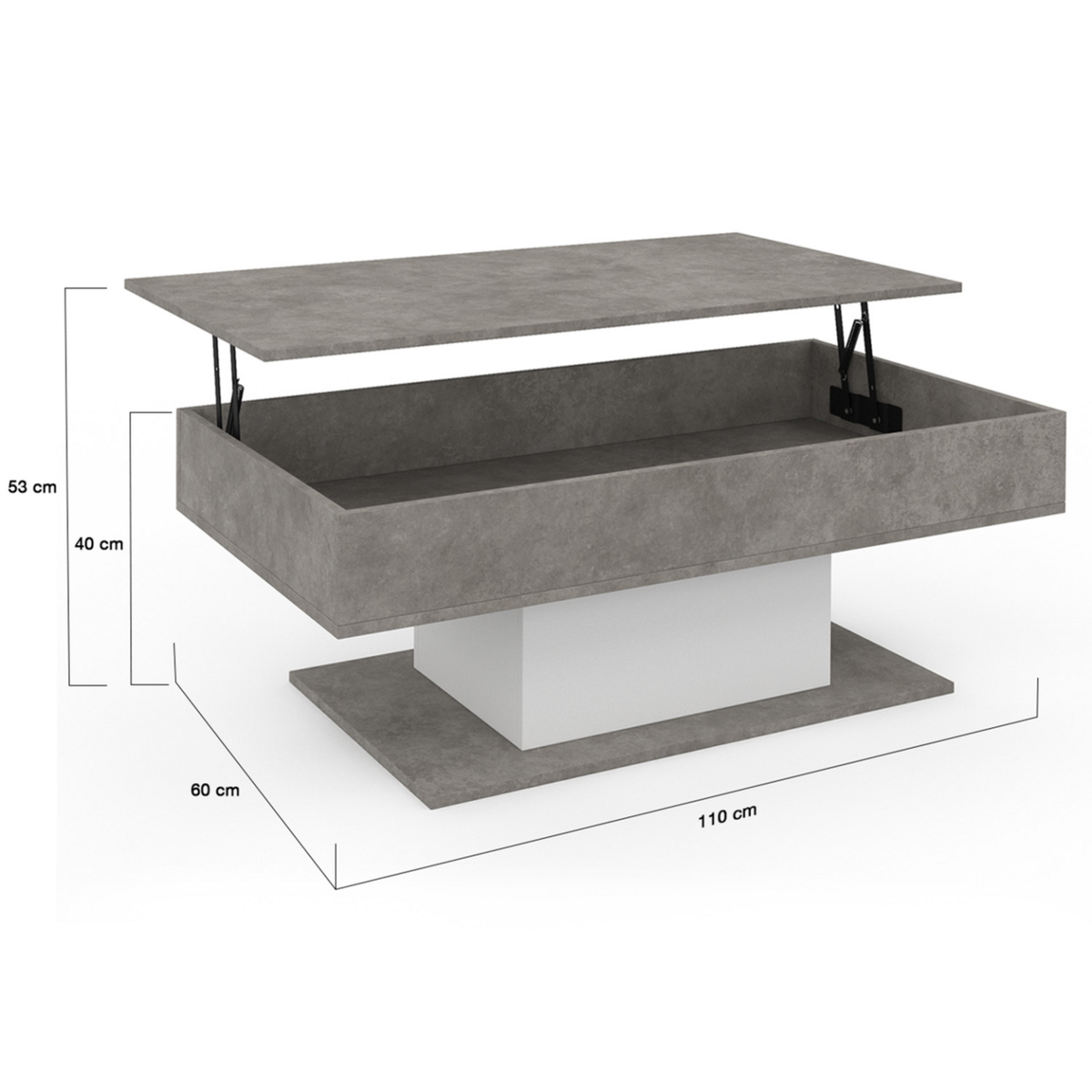 ID MARKET Table basse plateau relevable rectangulaire EDEN effet béton et blanc
