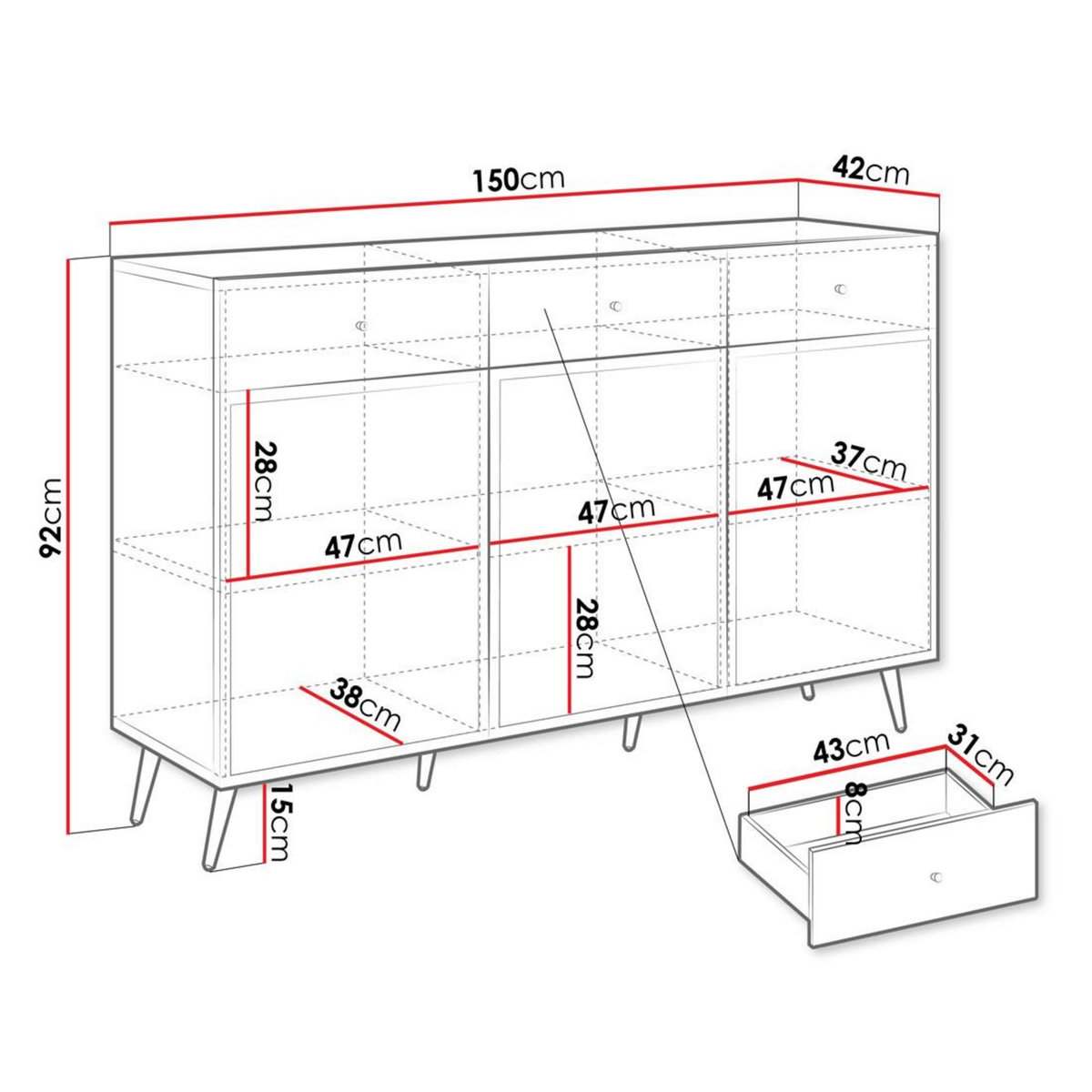 BEST MOBILIER Sorolla - buffet bas - 3 portes et 3 tiroirs - 150 cm